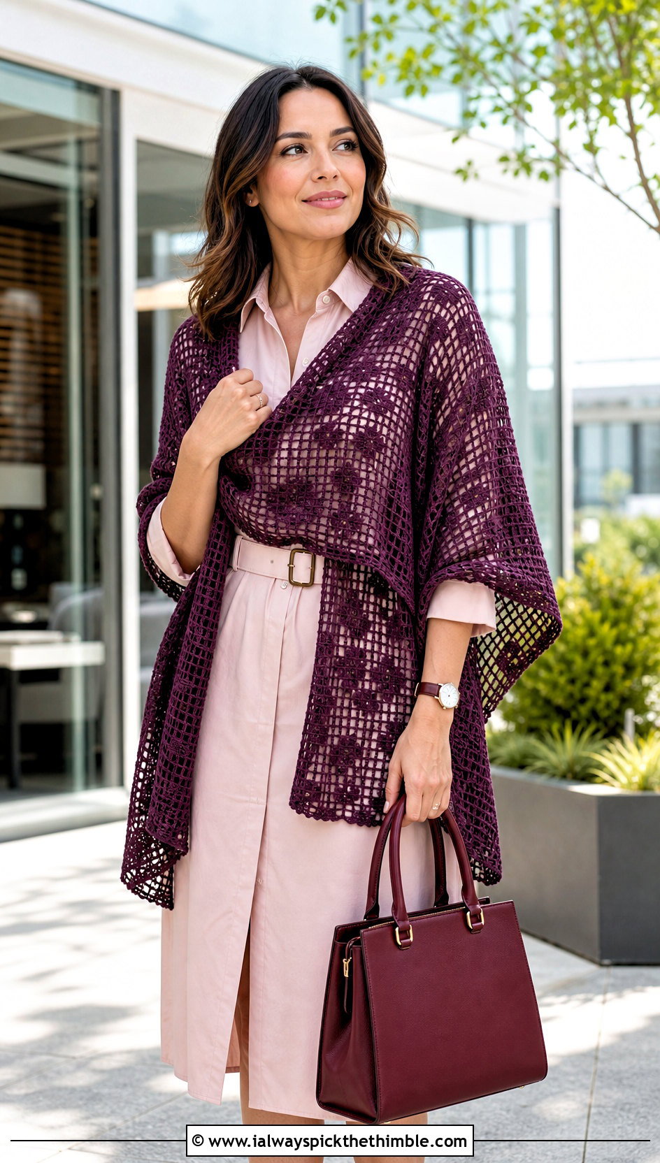 Filet Lace Crochet Shawl With Shirt Dress - 20 Spring Crochet Shawl outfit ideas