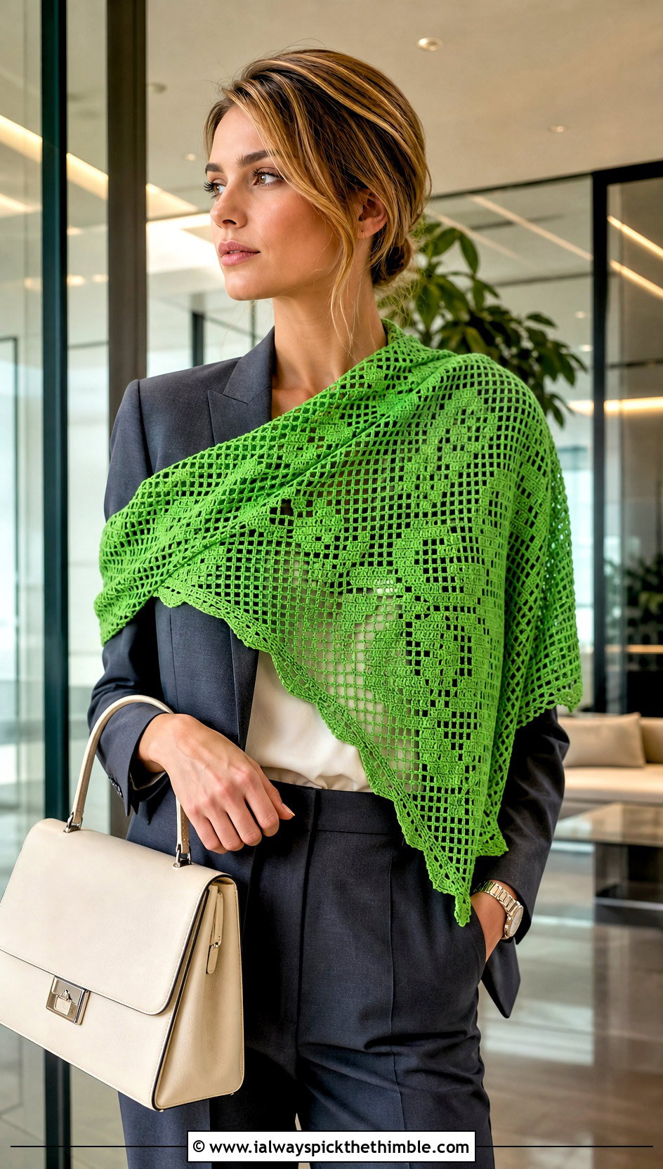 Filet Lace Crochet Shawl With Tailored Suit - 20 Lace Crochet Shawl outfit ideas