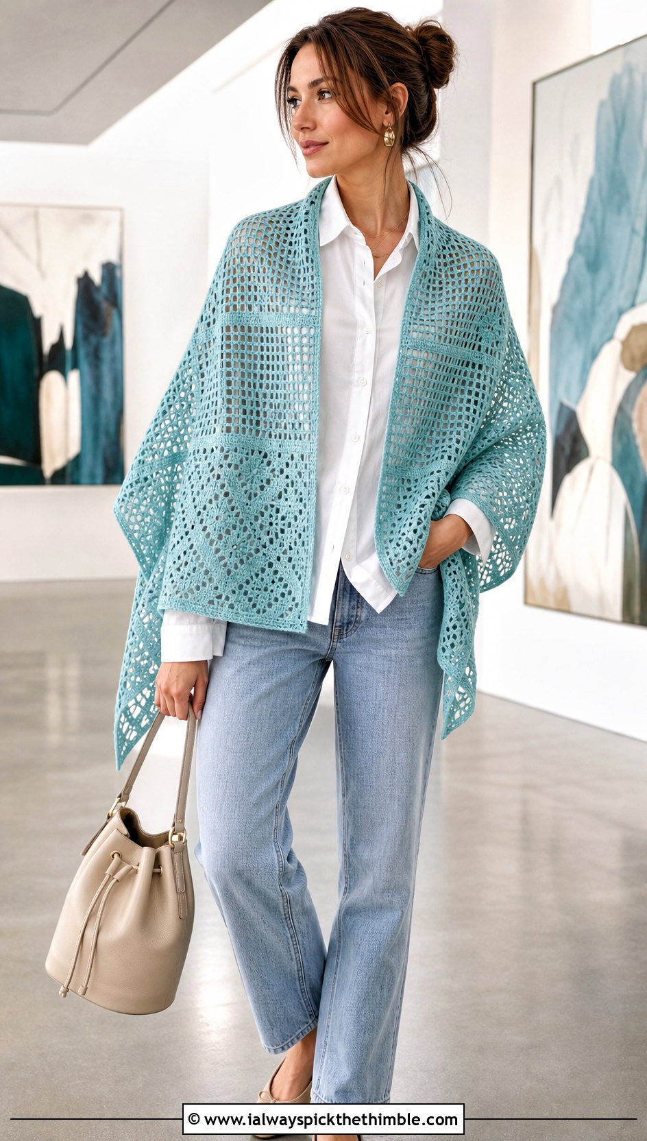 Filet Lace Crochet Shawl With White Shirt And Jeans - 20 Crochet For Shawl outfit ideas
