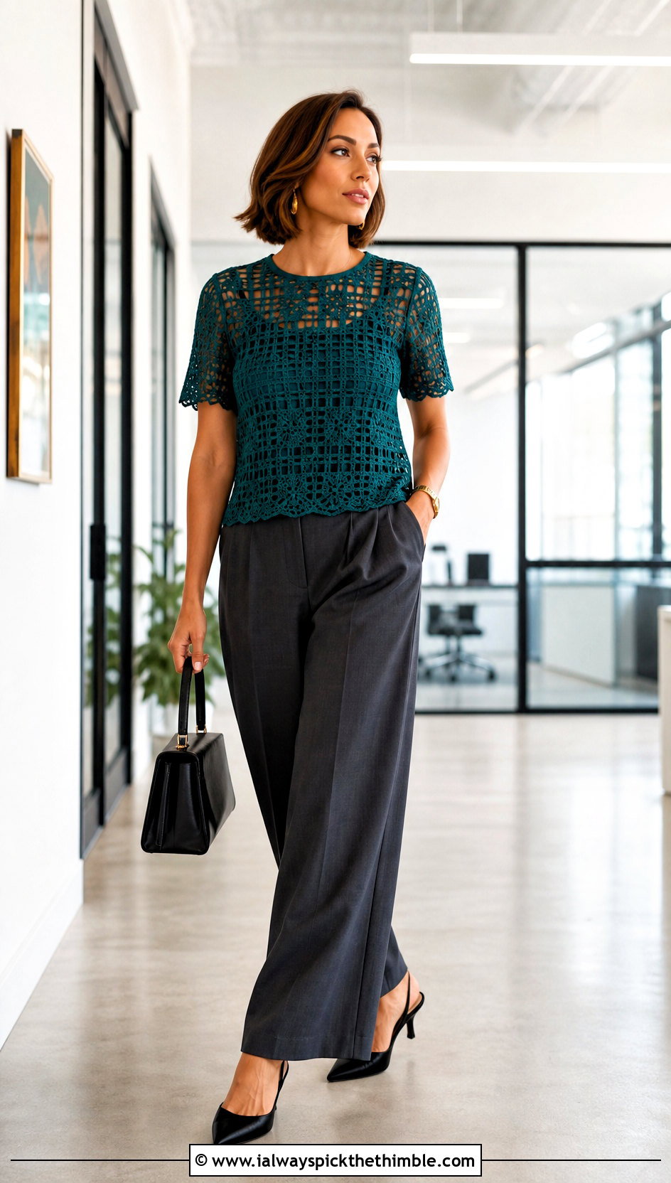 Filet Lace Crochet Tee With Tailored Trousers - 25 crochet tee outfit ideas