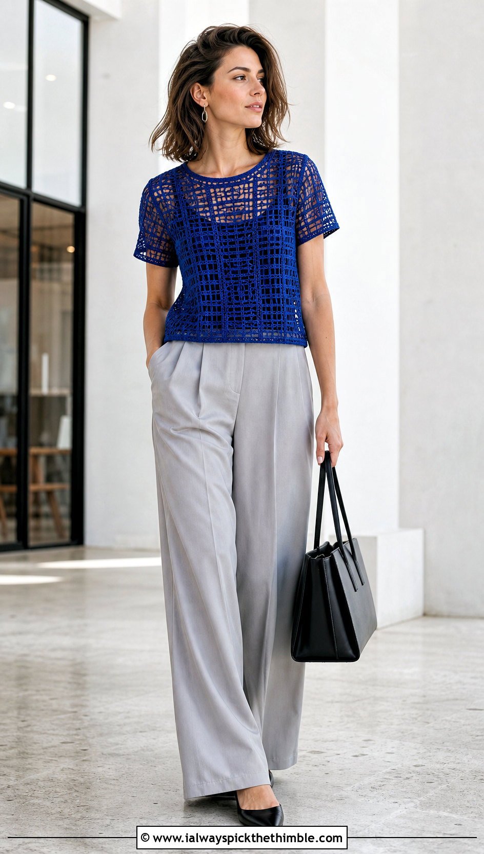 Filet Lace Crochet Tee With Wide Leg Trousers - 15 intermediate crochet tee outfit ideas