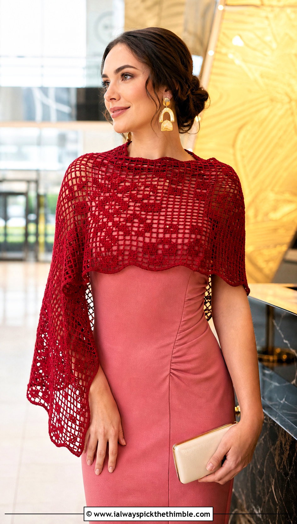 Filet Lace Crocheted Shawl With Column Dress - 20 Crocheted Shawl outfit ideas