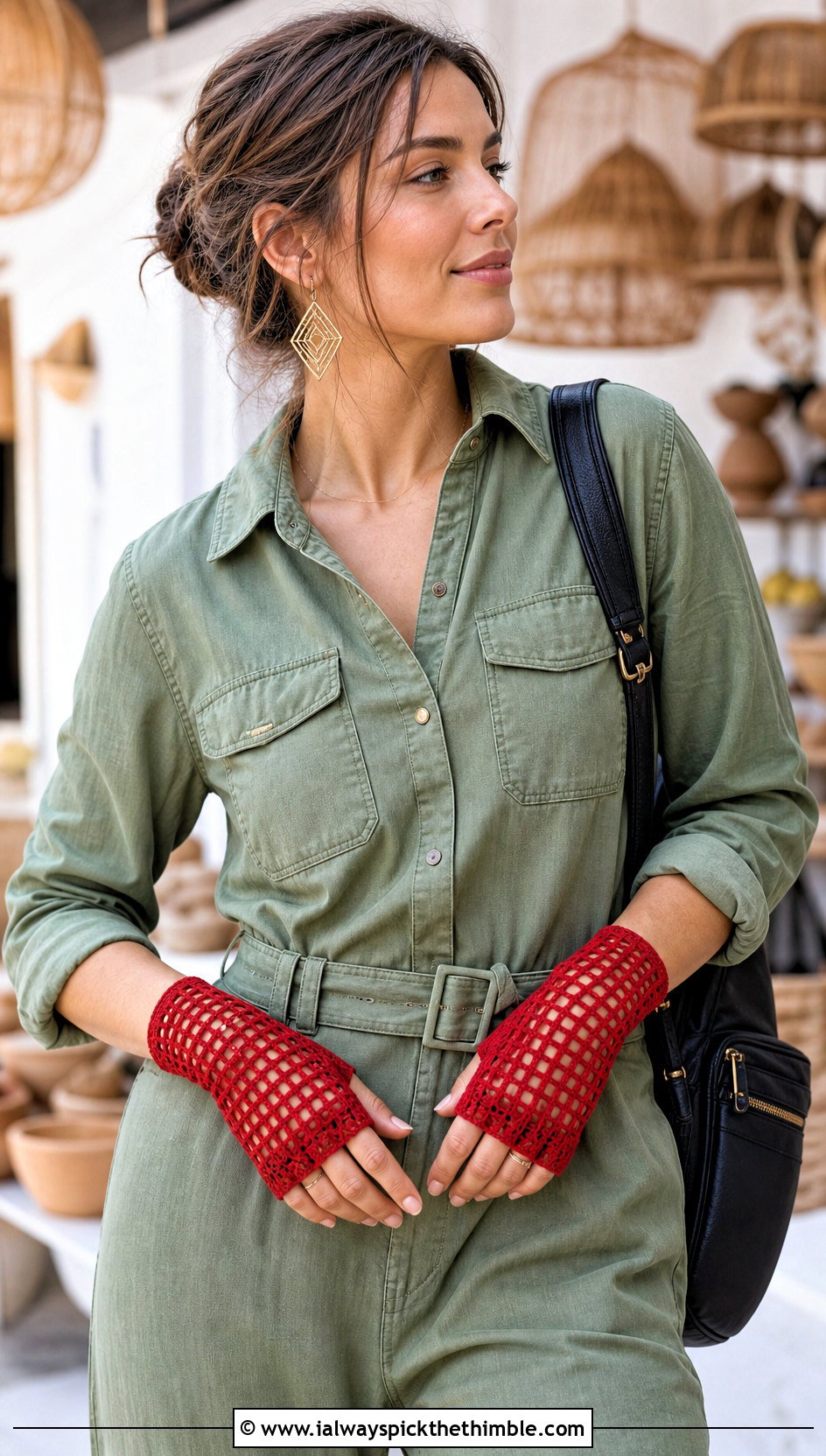 Filet Lace Fingerless Gloves With Utility Jumpsuit - 15 Crochet Lacy Fingerless Gloves outfit ideas