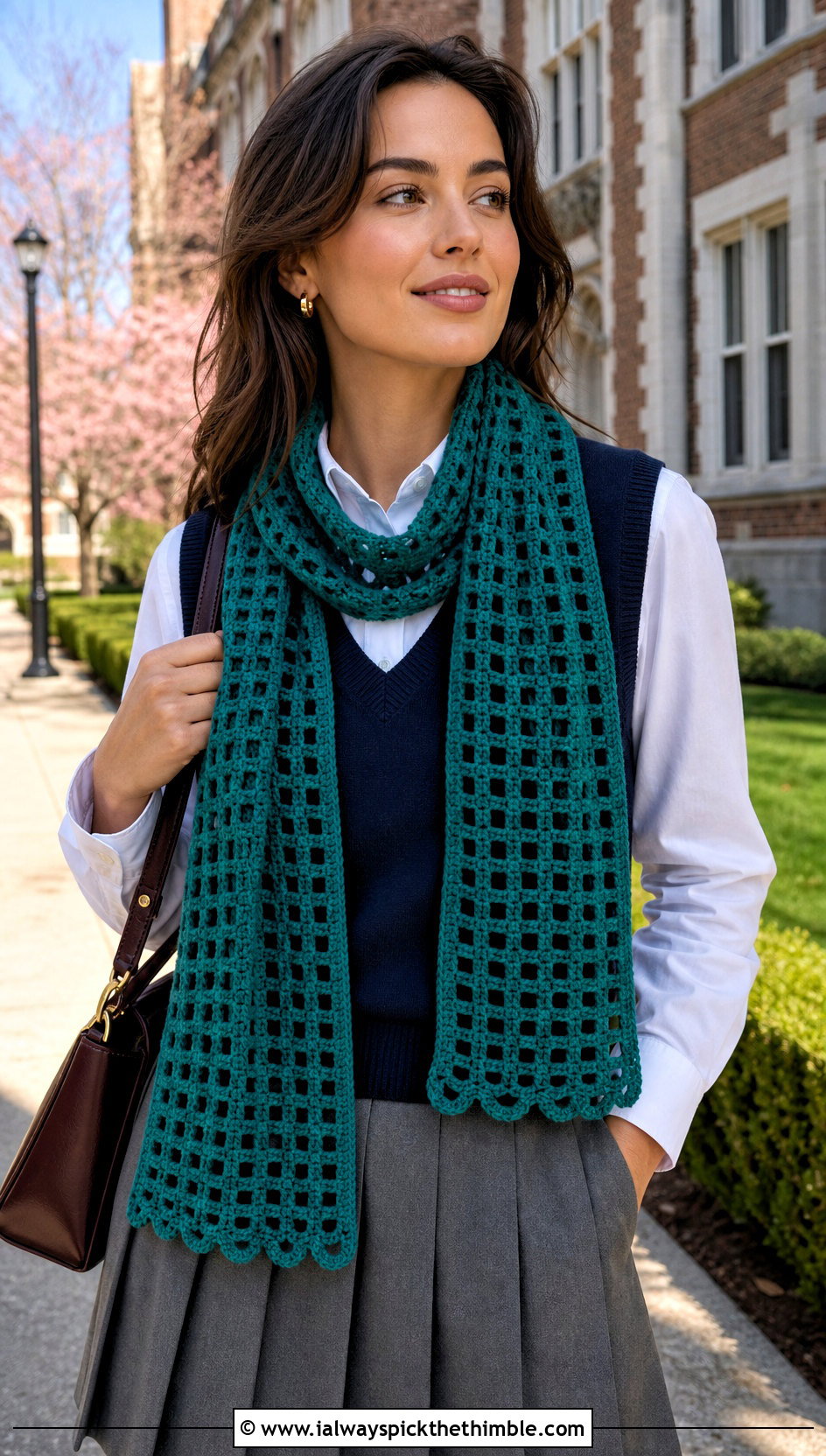Filet Lace Green Crochet Scarf With Sweater Vest And Pleated Skirt - 15 Lacy Green Crochet Scarf outfit ideas