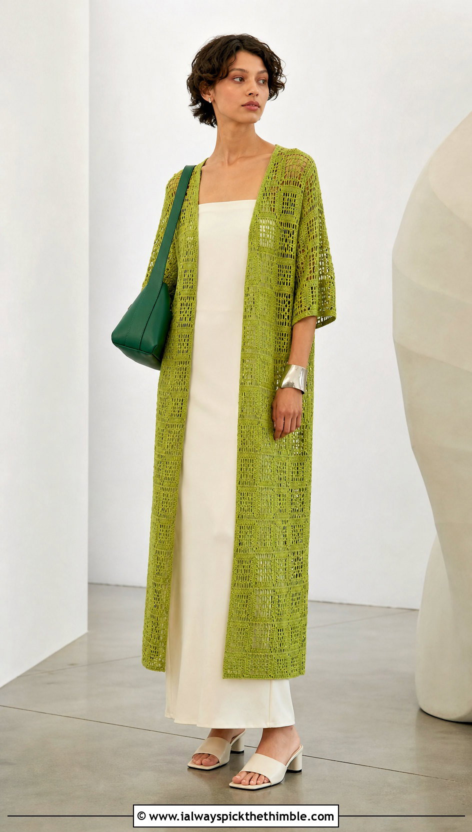 Filet Lace Long Crochet Duster With Column Dress - 20 Long Crochet Duster outfit ideas
