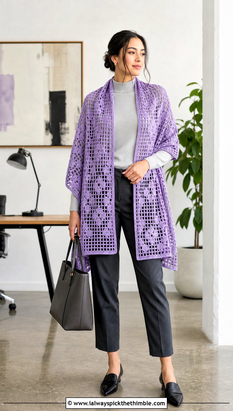 Filet Lace Rectangle Crochet Shawl With Tailored Trousers - 25 Crochet Rectangle Shawl outfit ideas