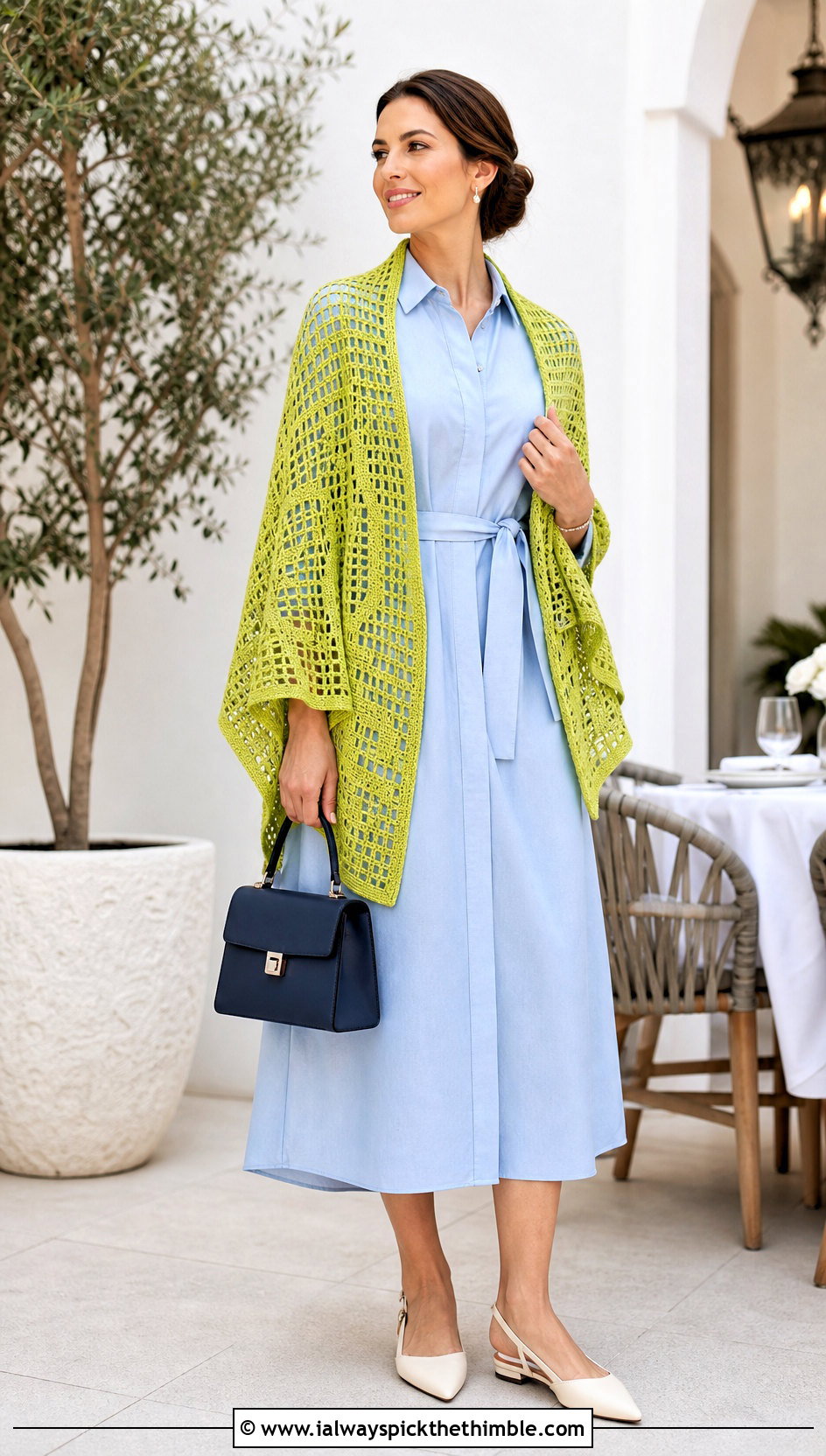 Filet Lace Rectangular Crochet Shawl With Shirt Dress - 20 rectangular crochet shawls outfit ideas