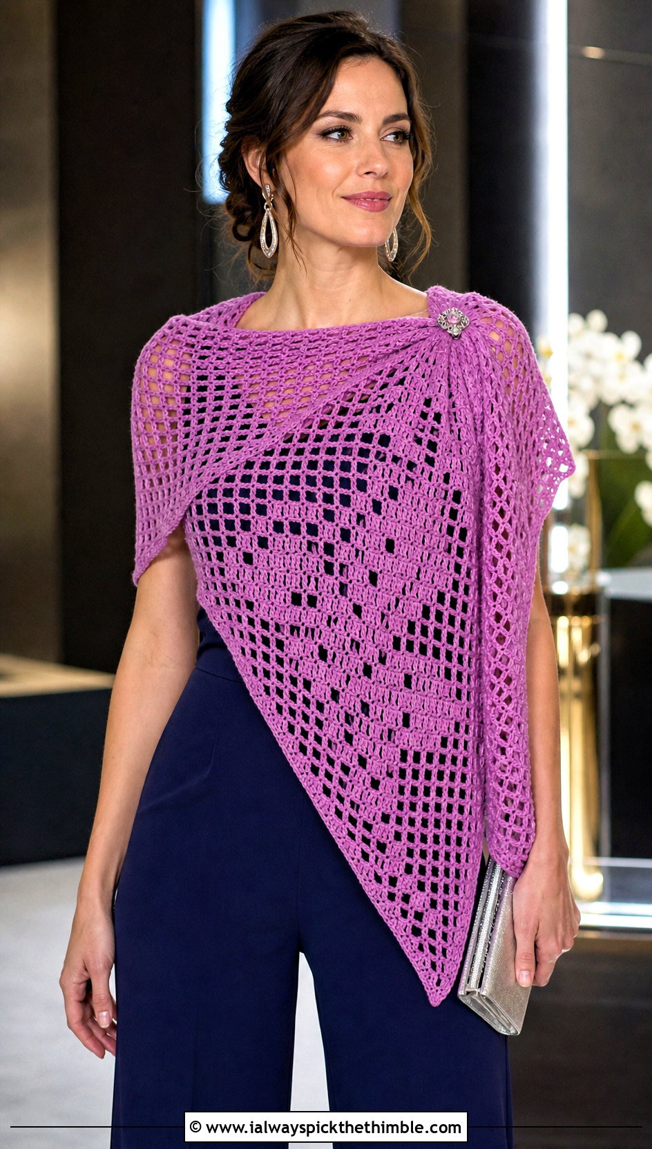 Filet Lace Triangle Crochet Shawl With Jumpsuit And Heels - 20 easy triangle crochet shawl outfit ideas