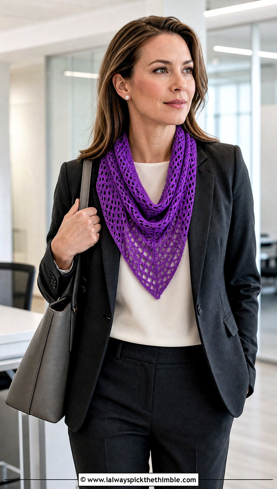 Filet Lace Triangle Shawl With Tailored Office Suit - 20 Crochet Lace Triangle Shawl outfit ideas