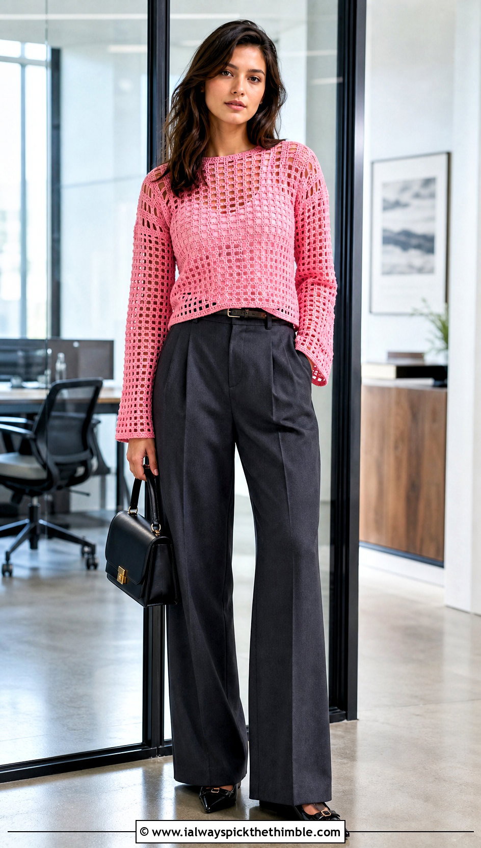 Filet Lace Weight Crochet Sweater With Wide Leg Trousers - 15 Lace Weight Crochet Sweater outfit ideas