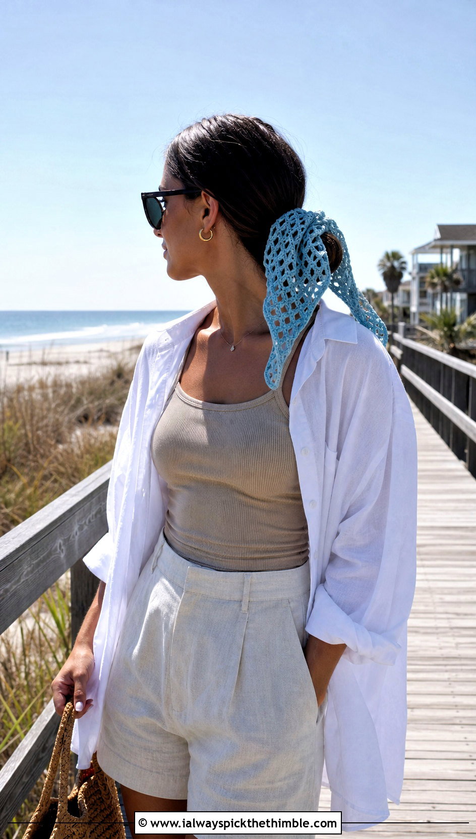 Filet Mesh Crochet Hair Tie Scarf With Beach Shirt And Shorts - 20 crochet hair tie scarf outfit ideas