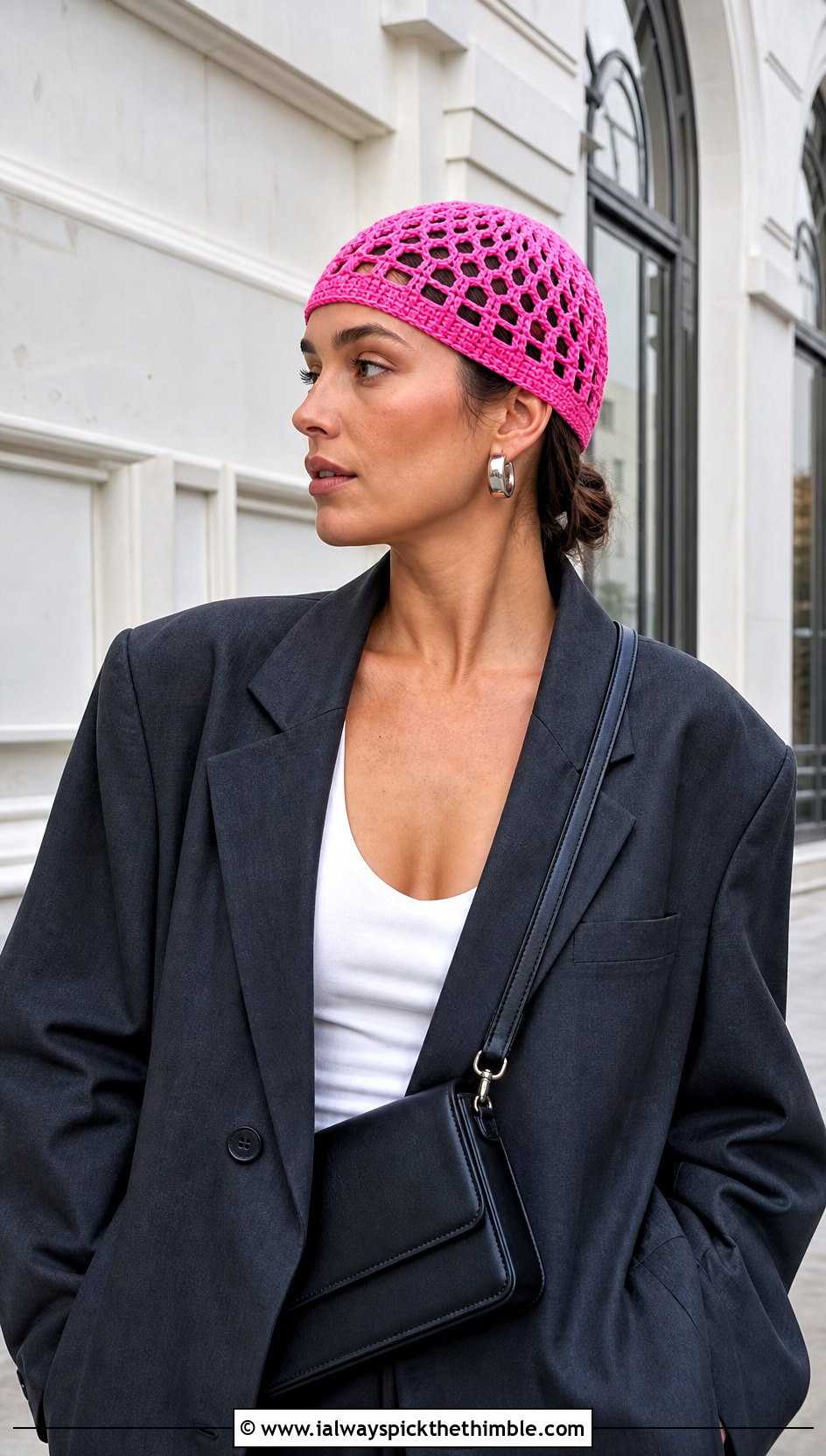 Filet Mesh Crochet Lace Beanie With Blazer And Jeans - 20 crochet lace beanie outfit ideas
