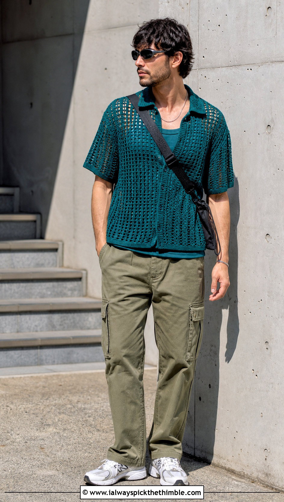 Filet Mesh Crochet Polo With Cargo Pants - 15 Mens Crochet Polo Shirt outfit ideas