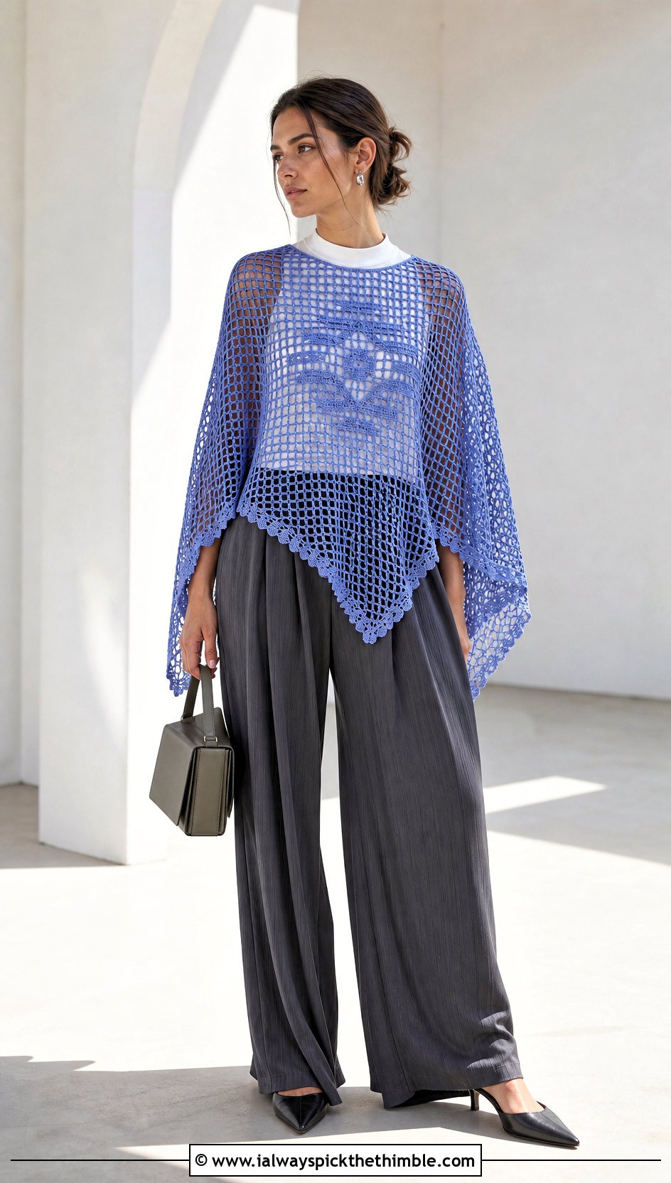 Filet Mesh Crochet Poncho With Pleated Trousers - 20 Mesh Crochet Poncho outfit ideas