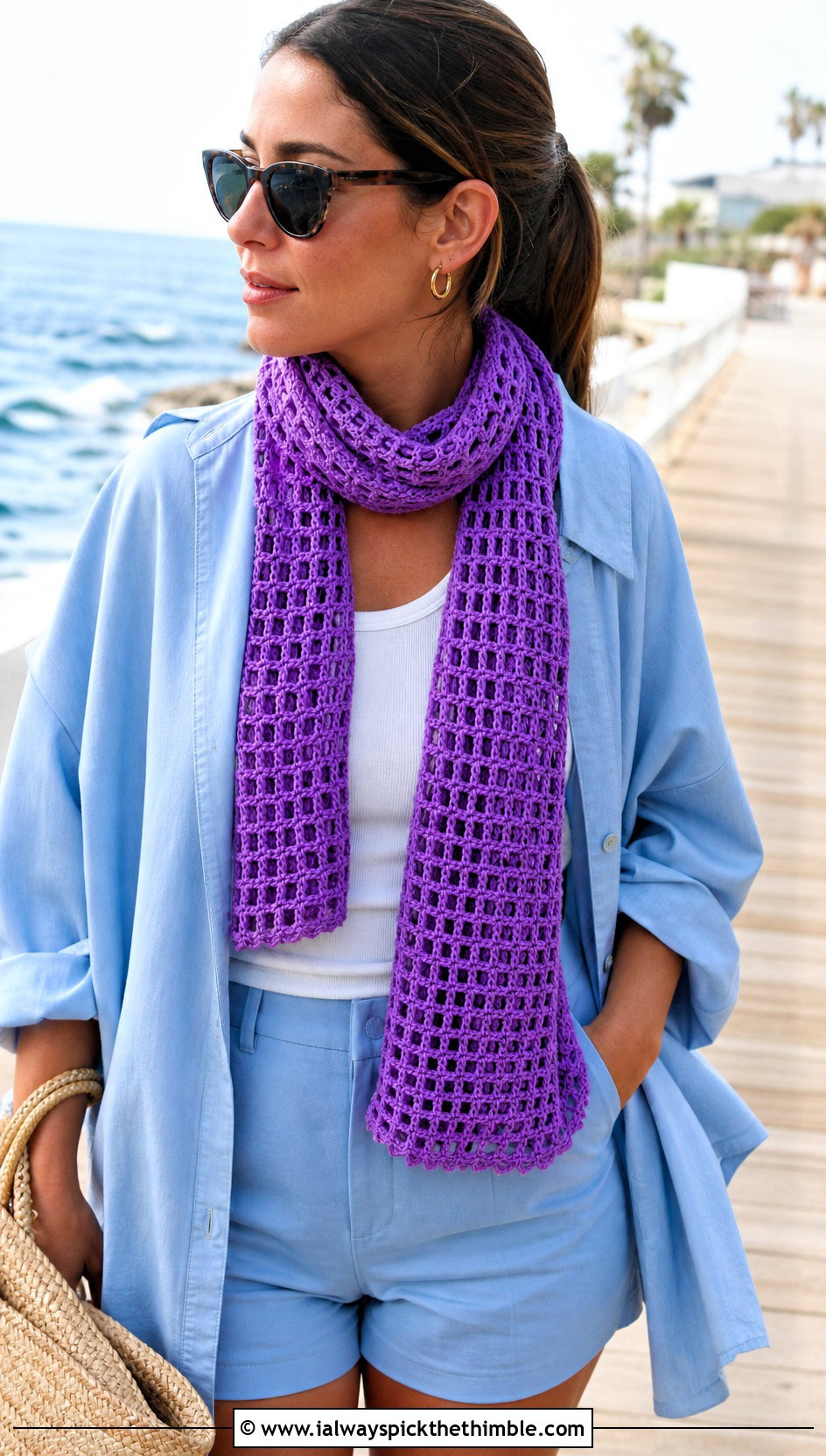 Filet Mesh Crochet Scarf With Beach Shirt - 20 wanderlust crochet scarf outfit ideas