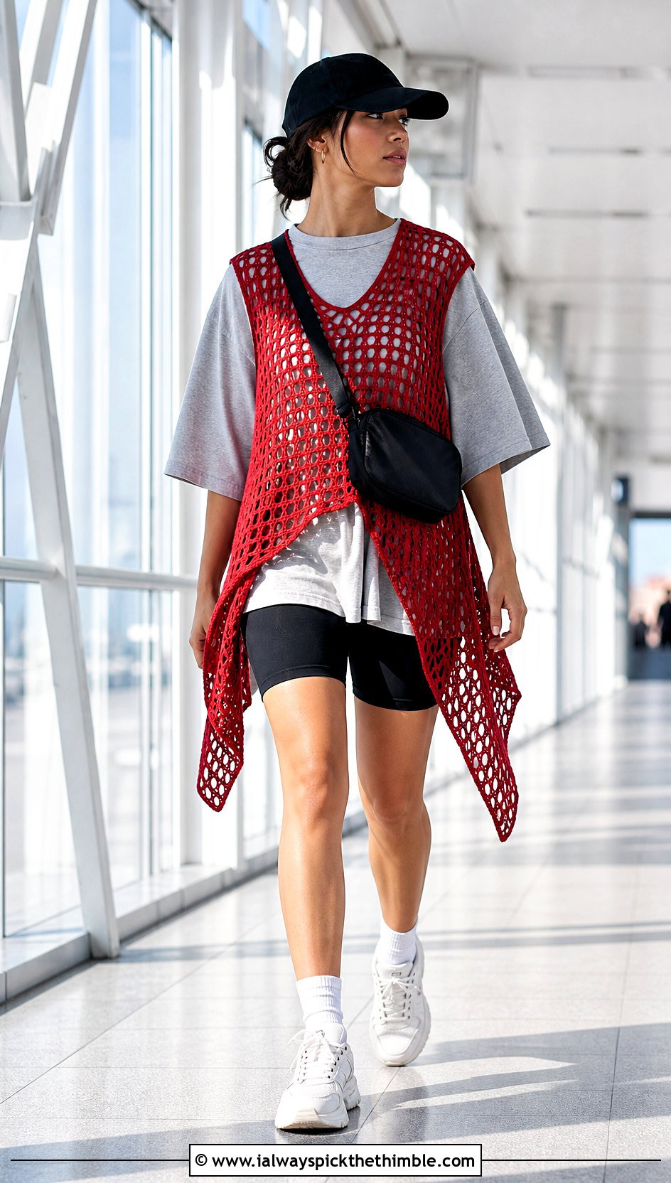 Filet Mesh Crochet Shawl Vest With Biker Shorts - 20 crochet shawl vest outfit ideas