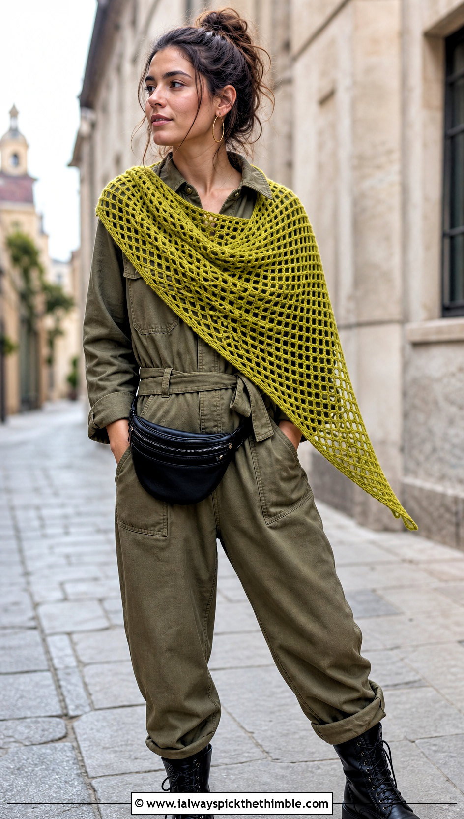 Filet Mesh Crochet Shawl With A Utility Jumpsuit - 20 Fall Crochet Shawl outfit ideas