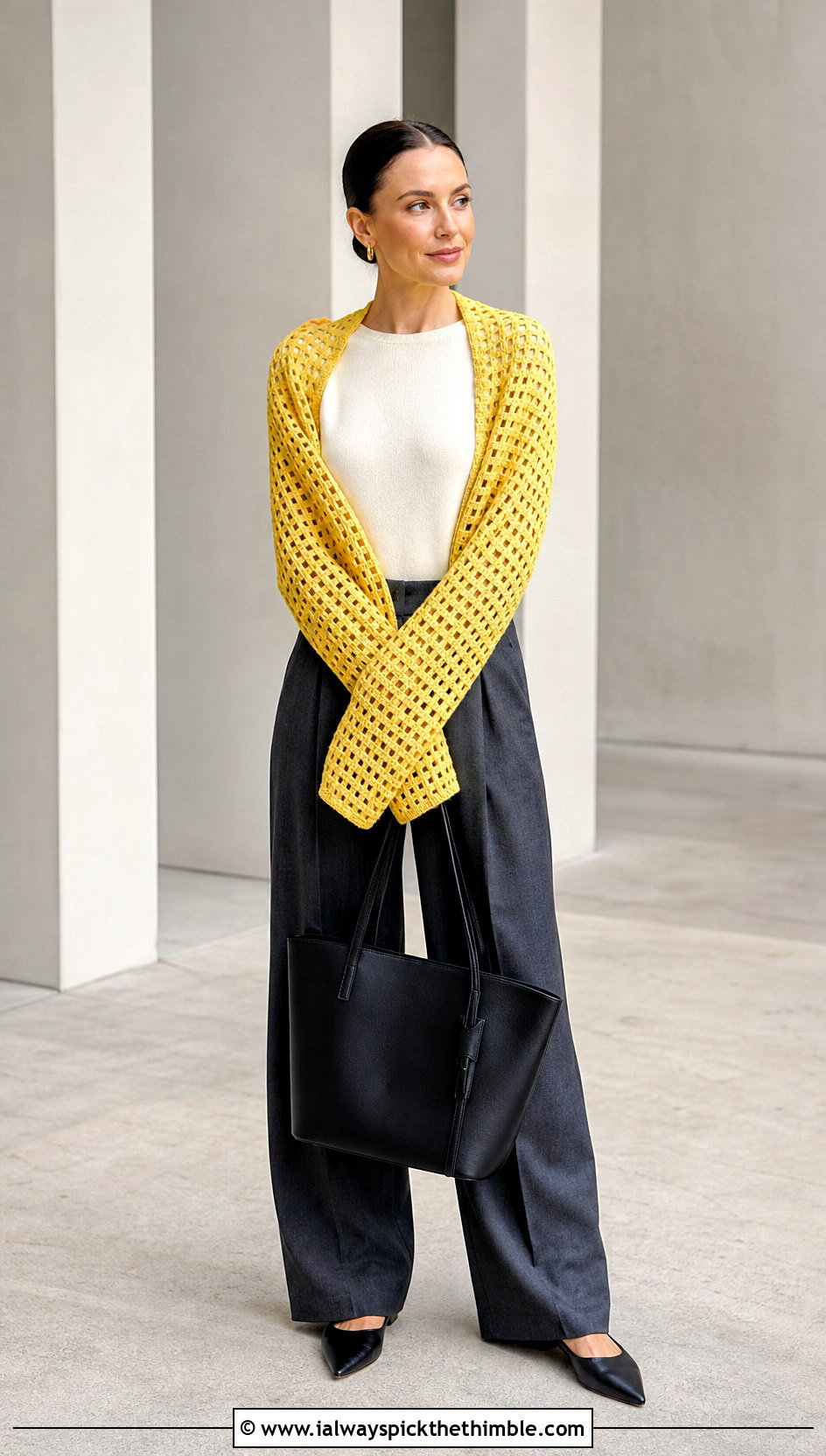 Filet Mesh Crochet Sweater Scarf With Tailored Trousers - 20 crochet sweater scarf with sleeves outfit ideas