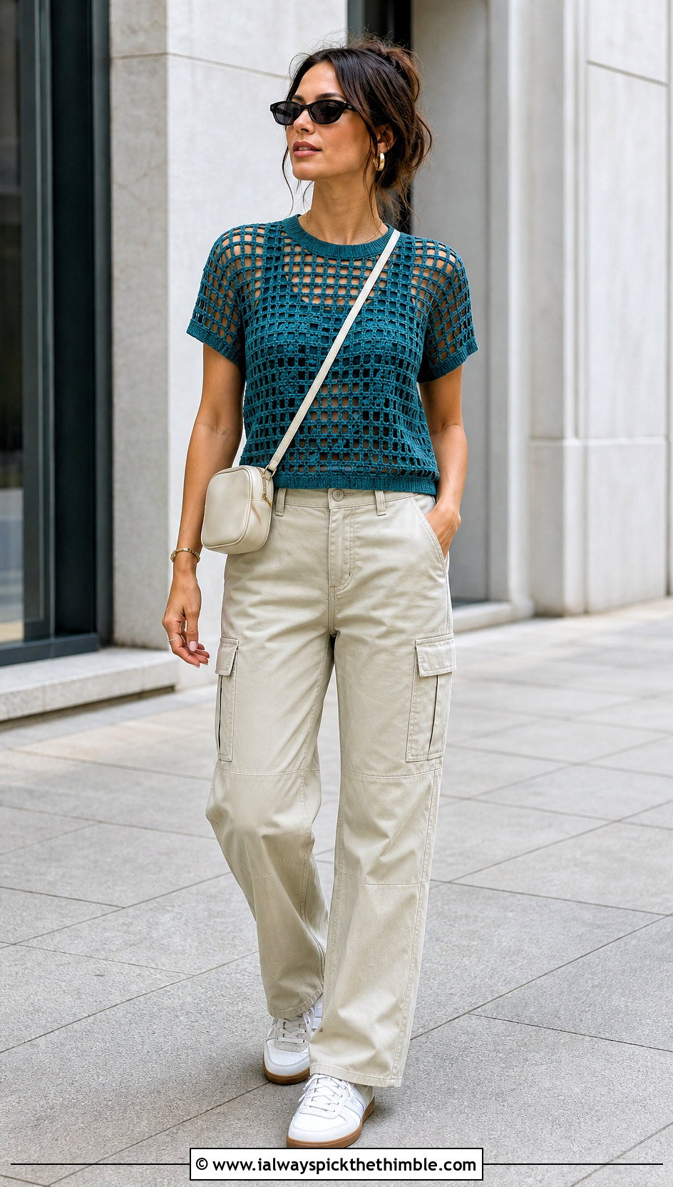 Filet Mesh Crochet Tee With Cargo Pants - 20 dainty crochet top outfit ideas