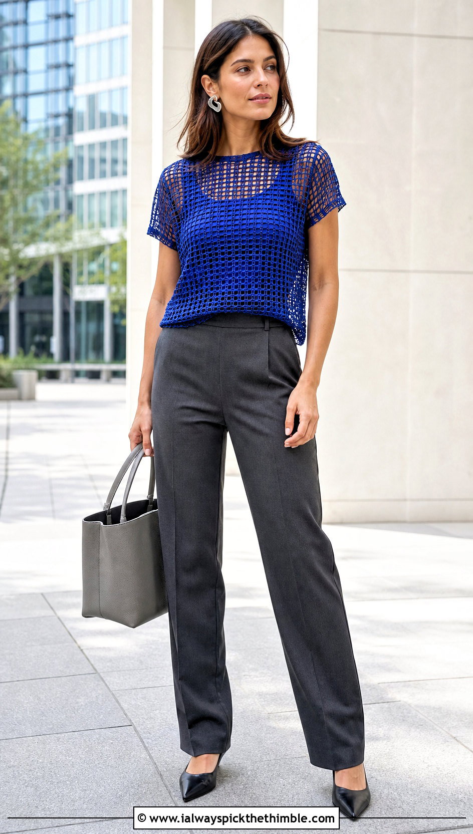 Filet Mesh Crochet Tee With Tailored Trousers - 15 crochet top with openwork outfit ideas
