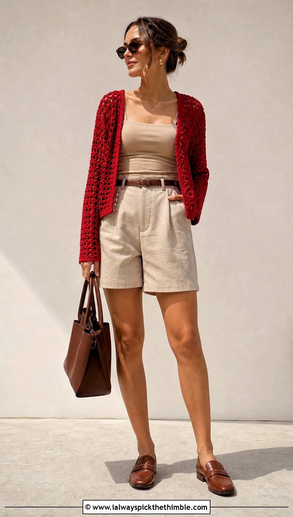 Filet Mesh Cropped Cardigan With Tailored Shorts - 20 Easy Crochet Cropped Cardigan outfit ideas