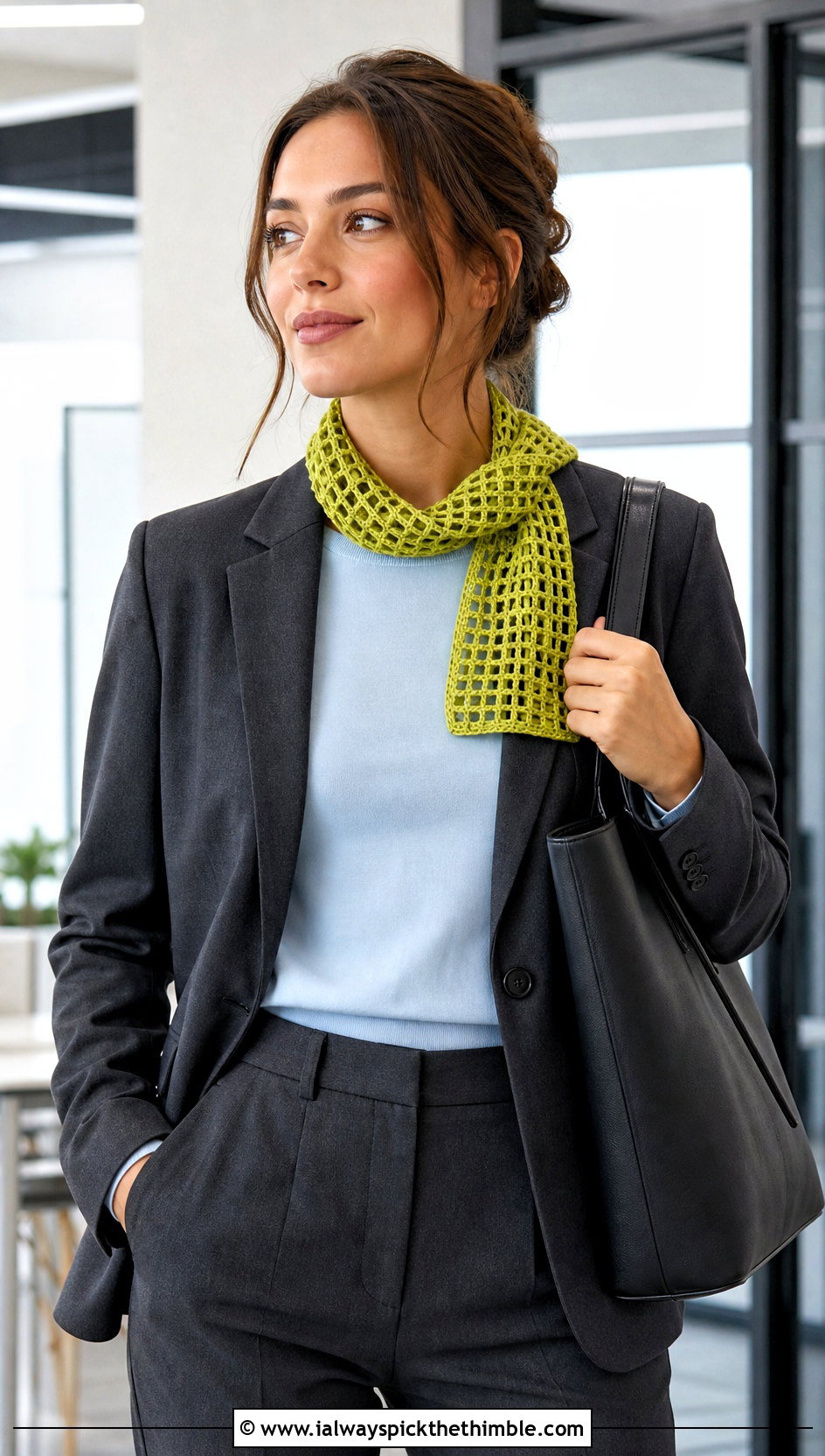 Filet Mesh Mini Crochet Scarf With Blazer And Trousers - 20 mini crochet scarf outfit ideas