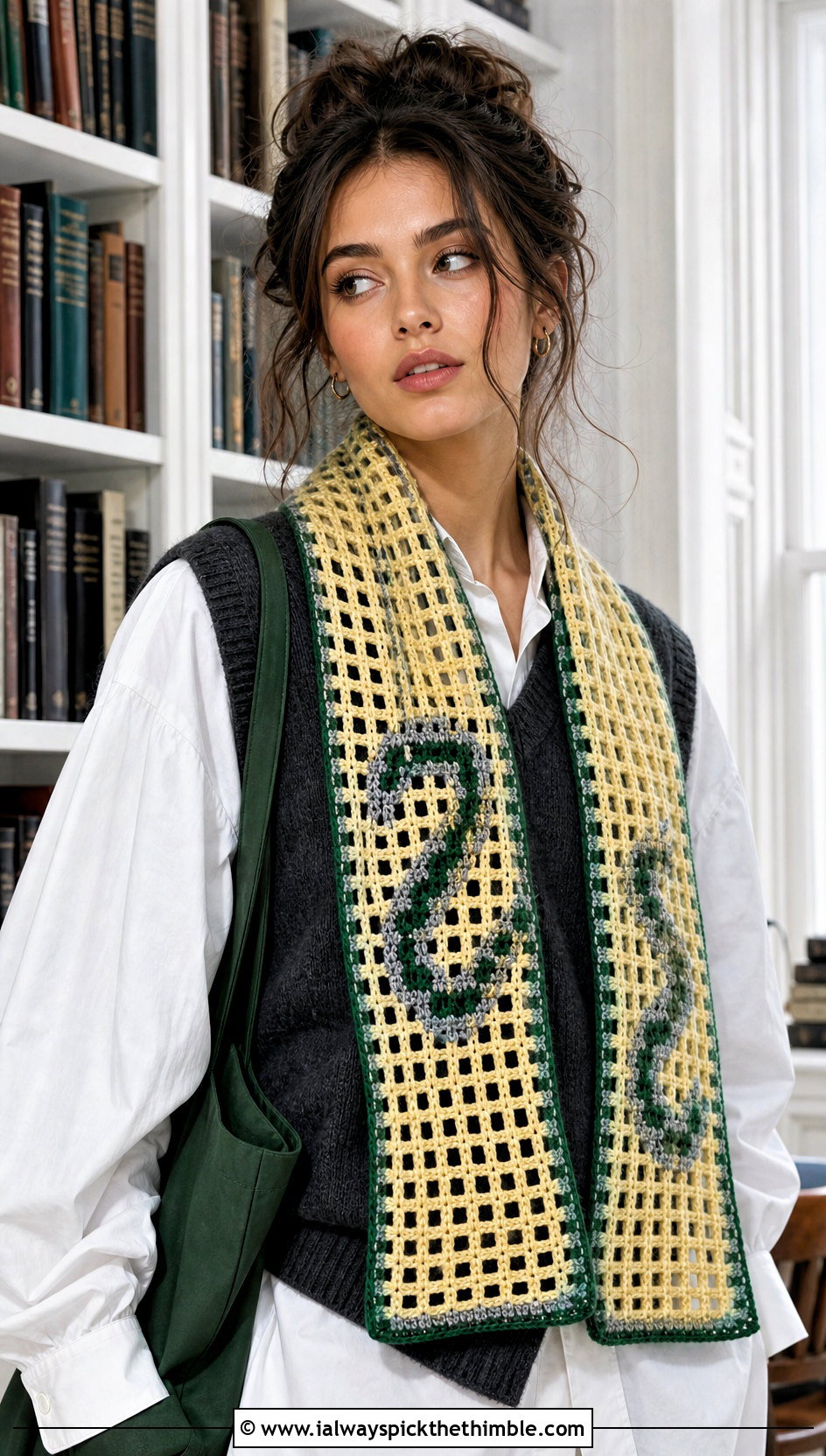 Filet Mesh Slytherin Crochet Scarf With Sweater Vest - 20 slytherin crochet scarf outfit ideas