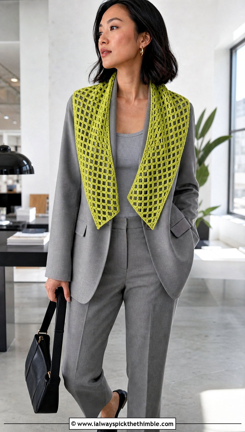 Filet Mesh Triangle Shawl With Monochrome Suit - 20 Crochet Mesh Triangle Shawl outfit ideas