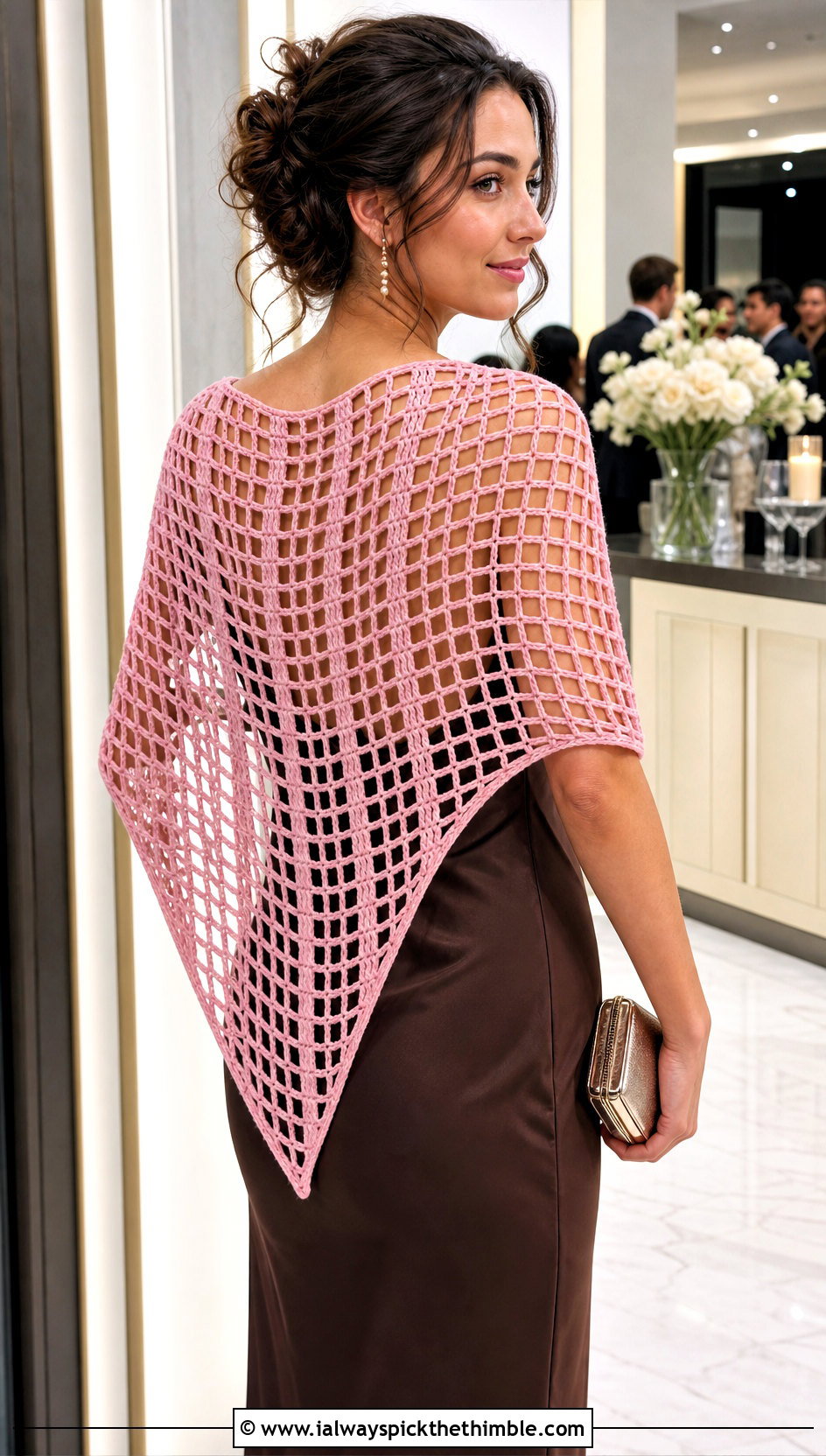 Filet Mesh Triangle Shawl With Slip Dress And Heels - 20 easy crochet triangle shawl outfit ideas