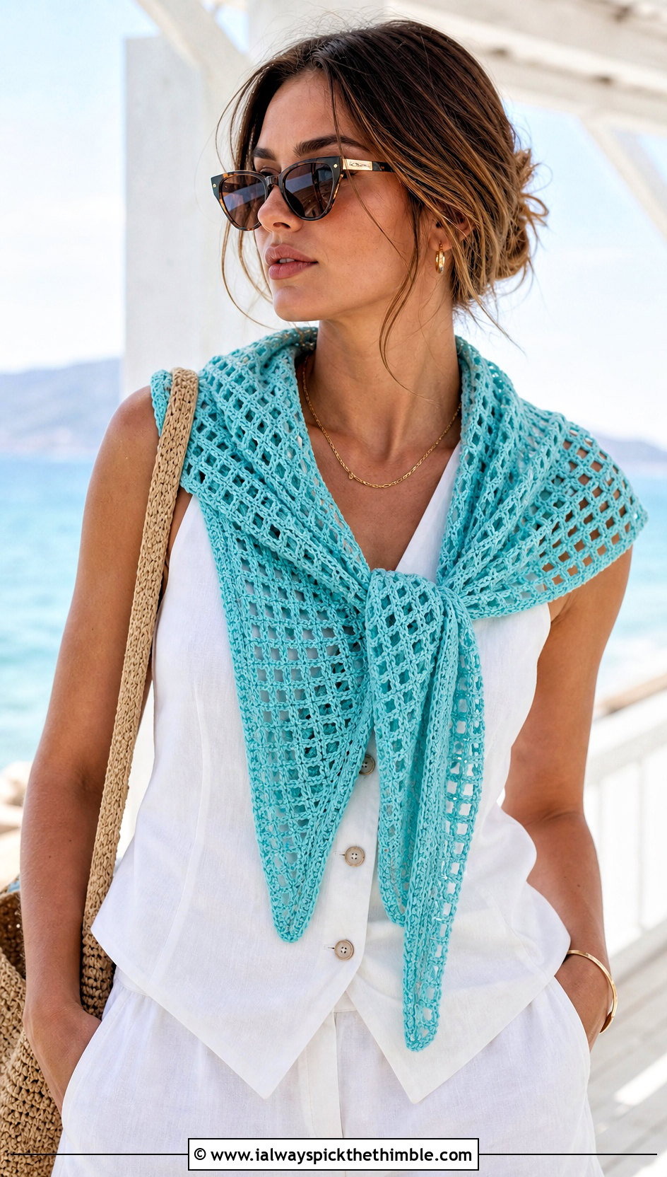 Filet One Skein Triangle Crochet Scarf With Linen Vest - 15 One Skein Triangle Crochet Scarf outfit ideas
