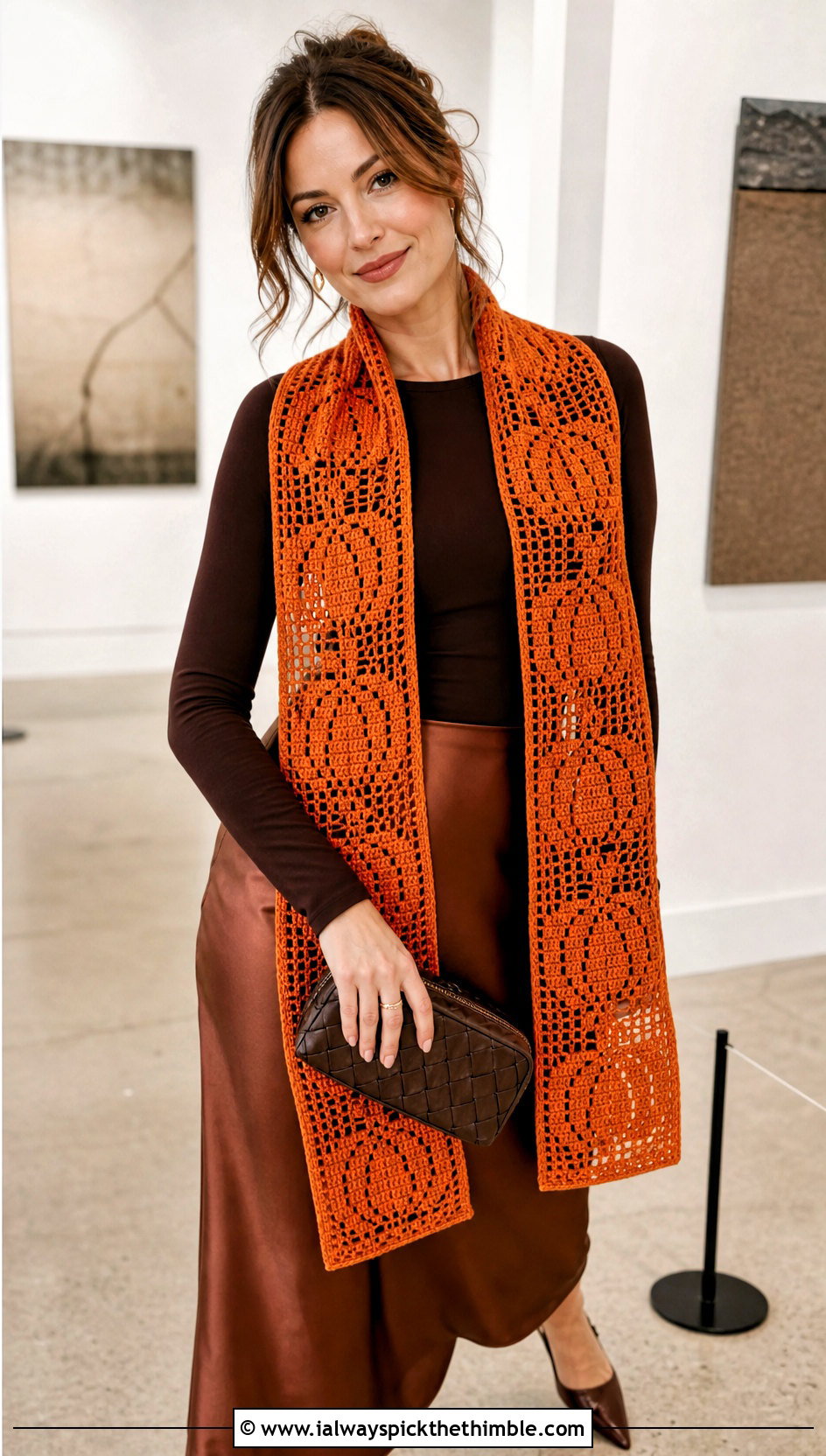 Filet Pumpkin Crochet Scarf With Satin Midi Skirt - 15 crochet pumpkin scarf outfit ideas