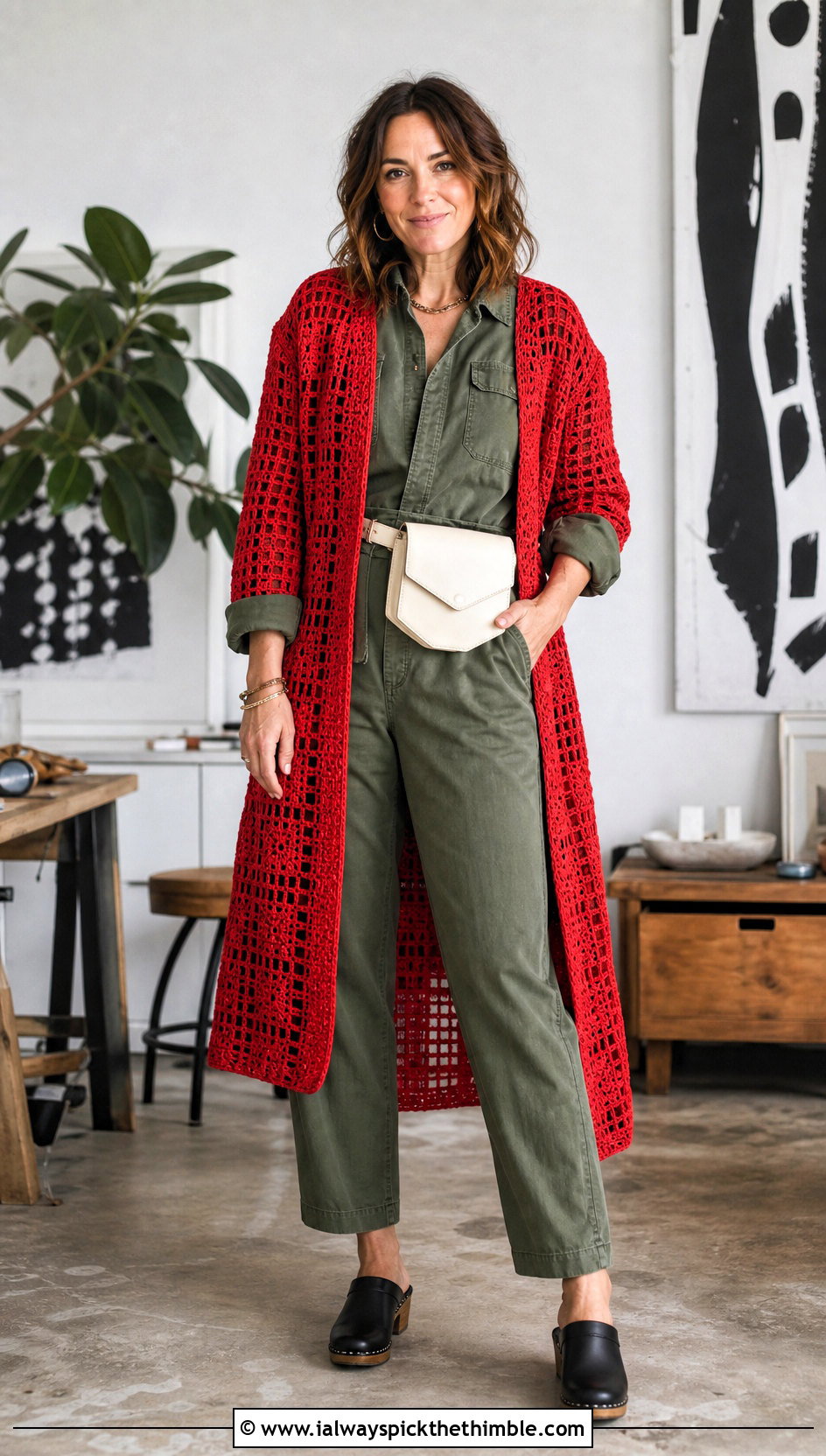 Filet Rectangle Crochet Cardigan With Utility Jumpsuit - 20 Crochet Cardigan From Rectangle outfit ideas