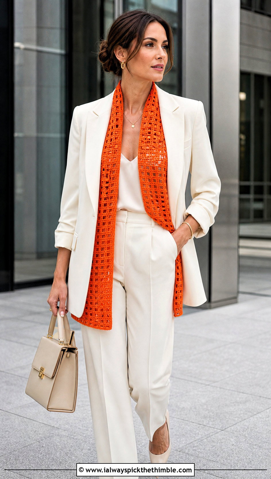 Filet Rectangle Crochet Shawl With Tailored Suit - 20 Easy Crochet Rectangle Shawl outfit ideas