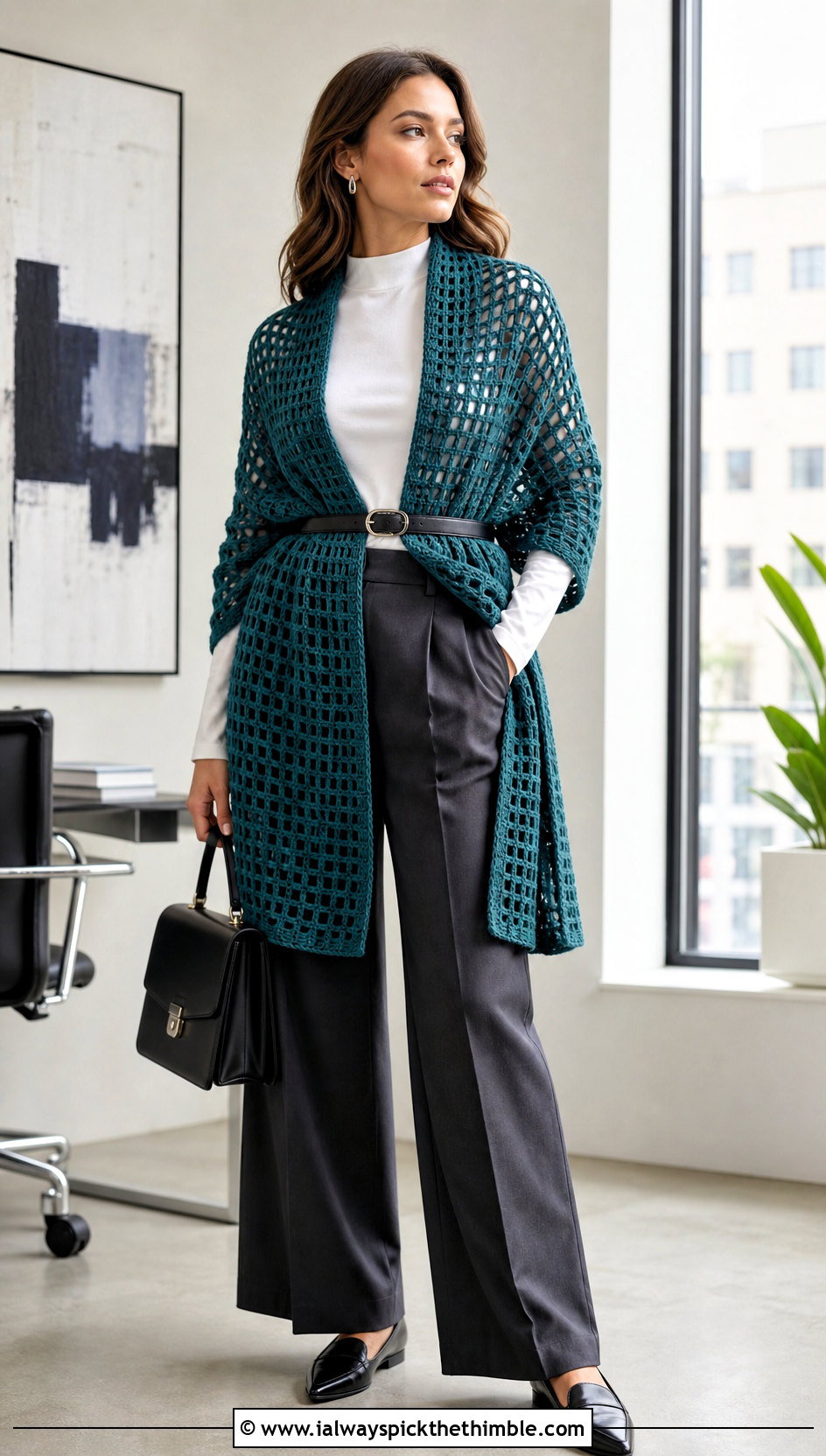 Filet Rectangle Crochet Shawl With Tailored Trousers - 20 Rectangle Crochet Shawl outfit ideas