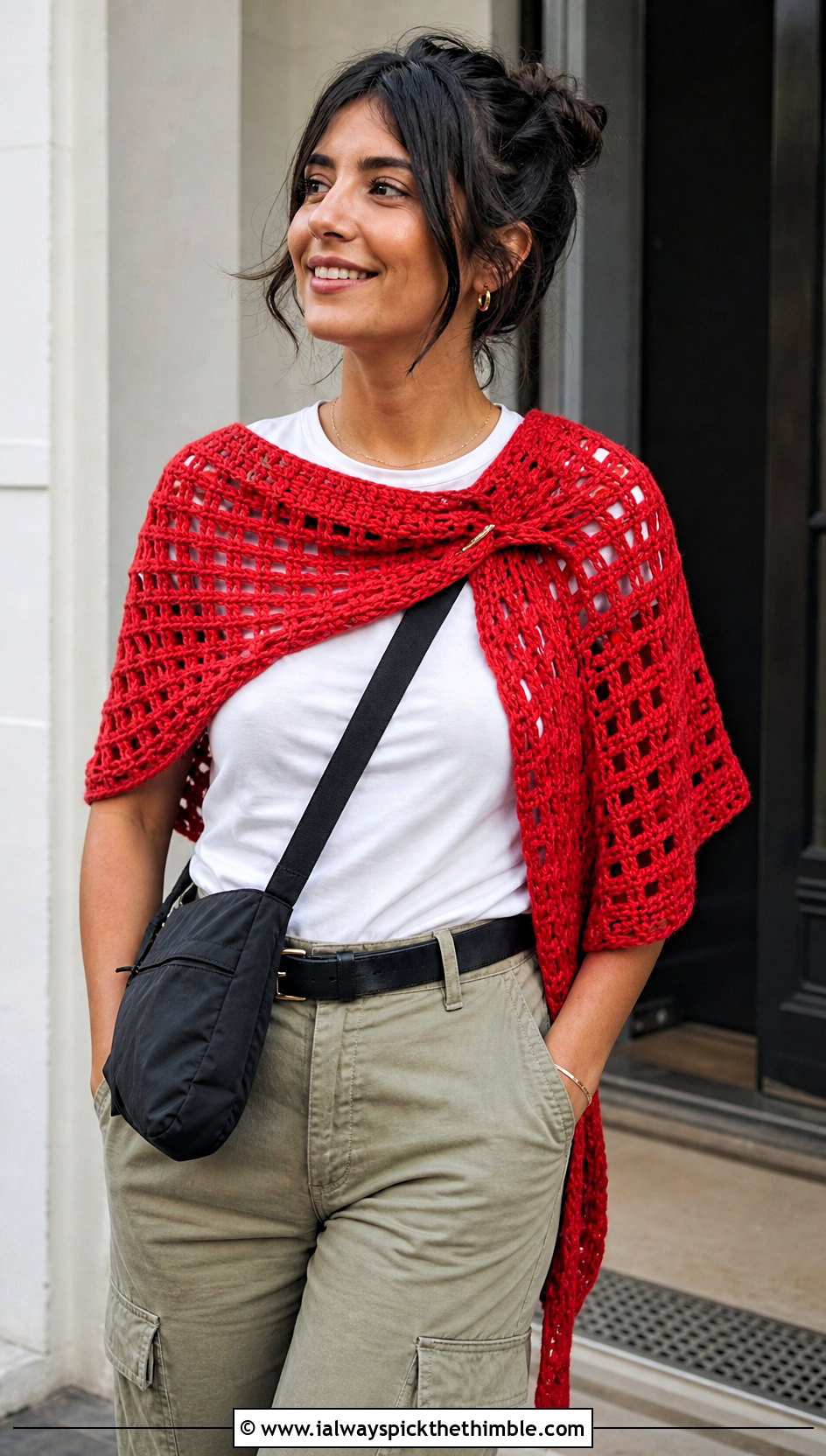 Filet Red Crochet Shawl With T Shirt And Cargo Pants - 15 red crochet shawl outfit ideas