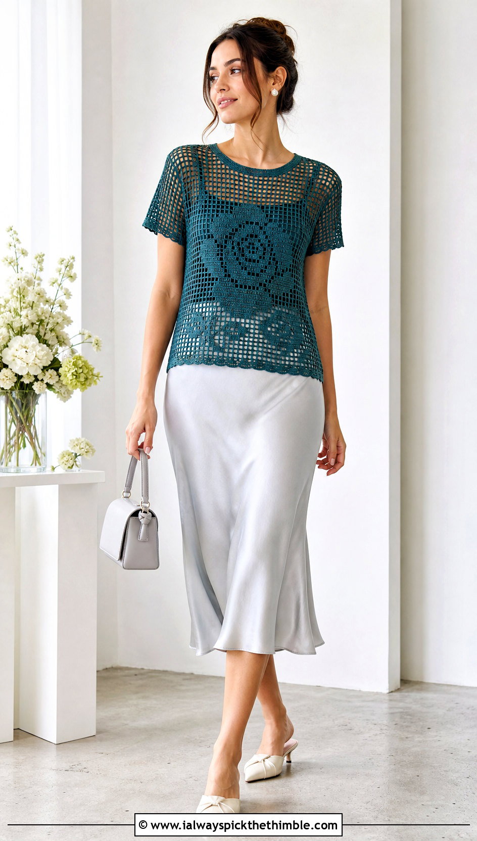 Filet Rose Crochet Tee With Satin Midi Skirt - 25 crochet rose top outfit ideas