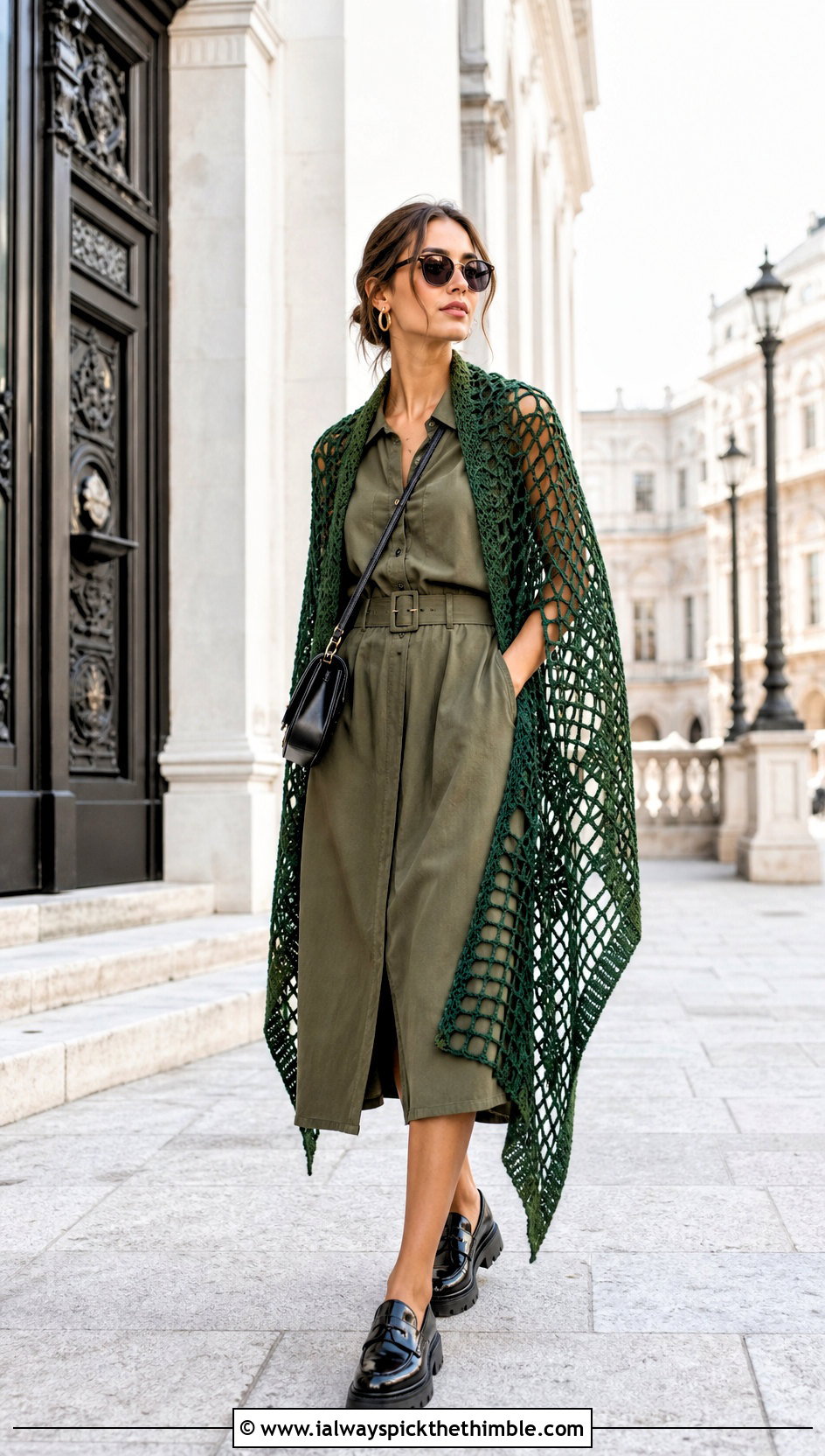 Filet Spiderweb Crochet Shawl With Utility Dress - 20 spiderweb crochet shawl outfit ideas