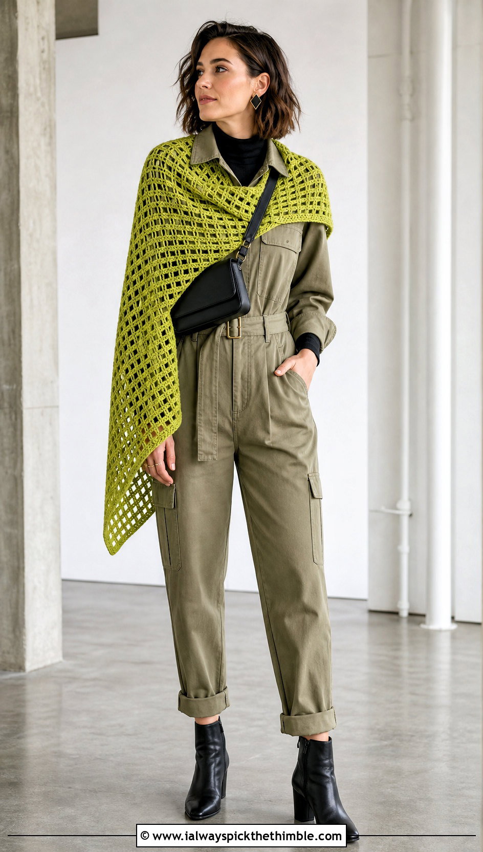 Filet Square Crochet Shawl With Utility Jumpsuit - 20 Square Crochet Shawl outfit ideas