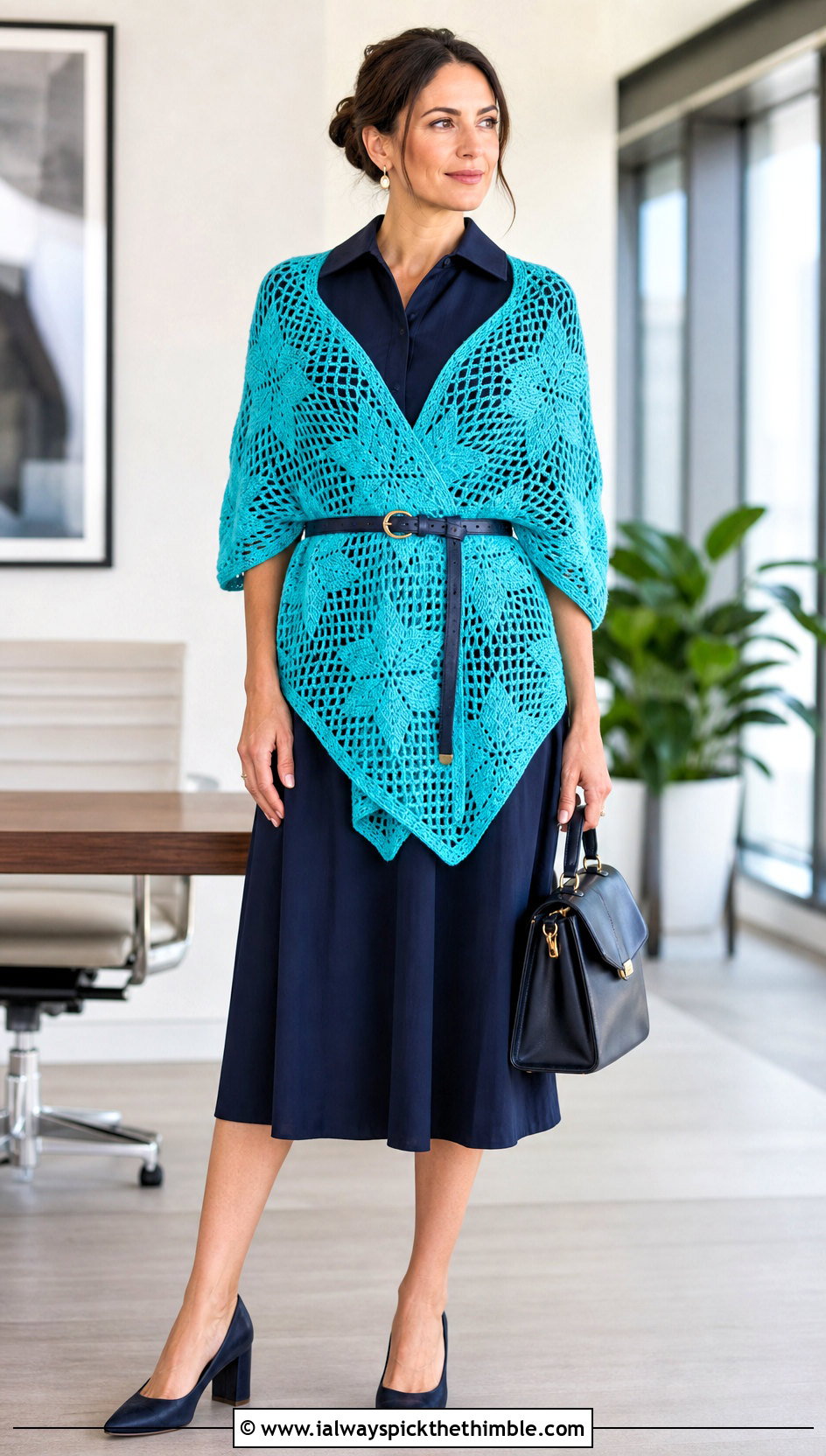Filet Star Crochet Shawl With Workwear Dress - 20 star crochet shawl outfit ideas