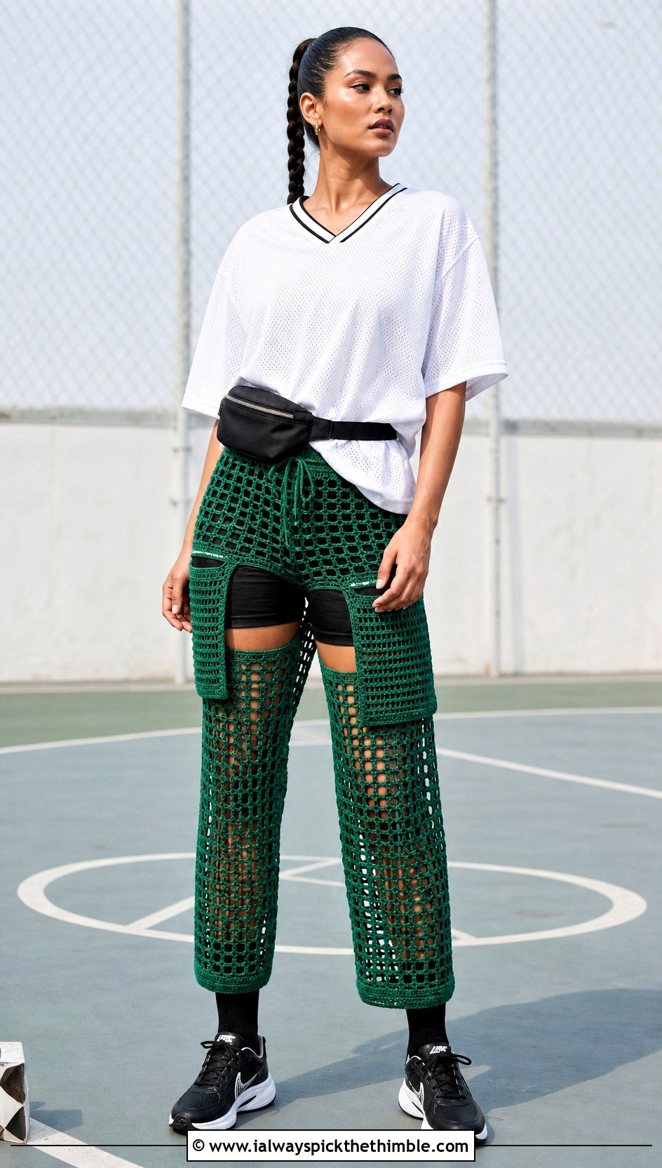 Filet Stitch Crochet Cargo Pants With Sports Jersey - 25 crochet cargo pants outfit ideas