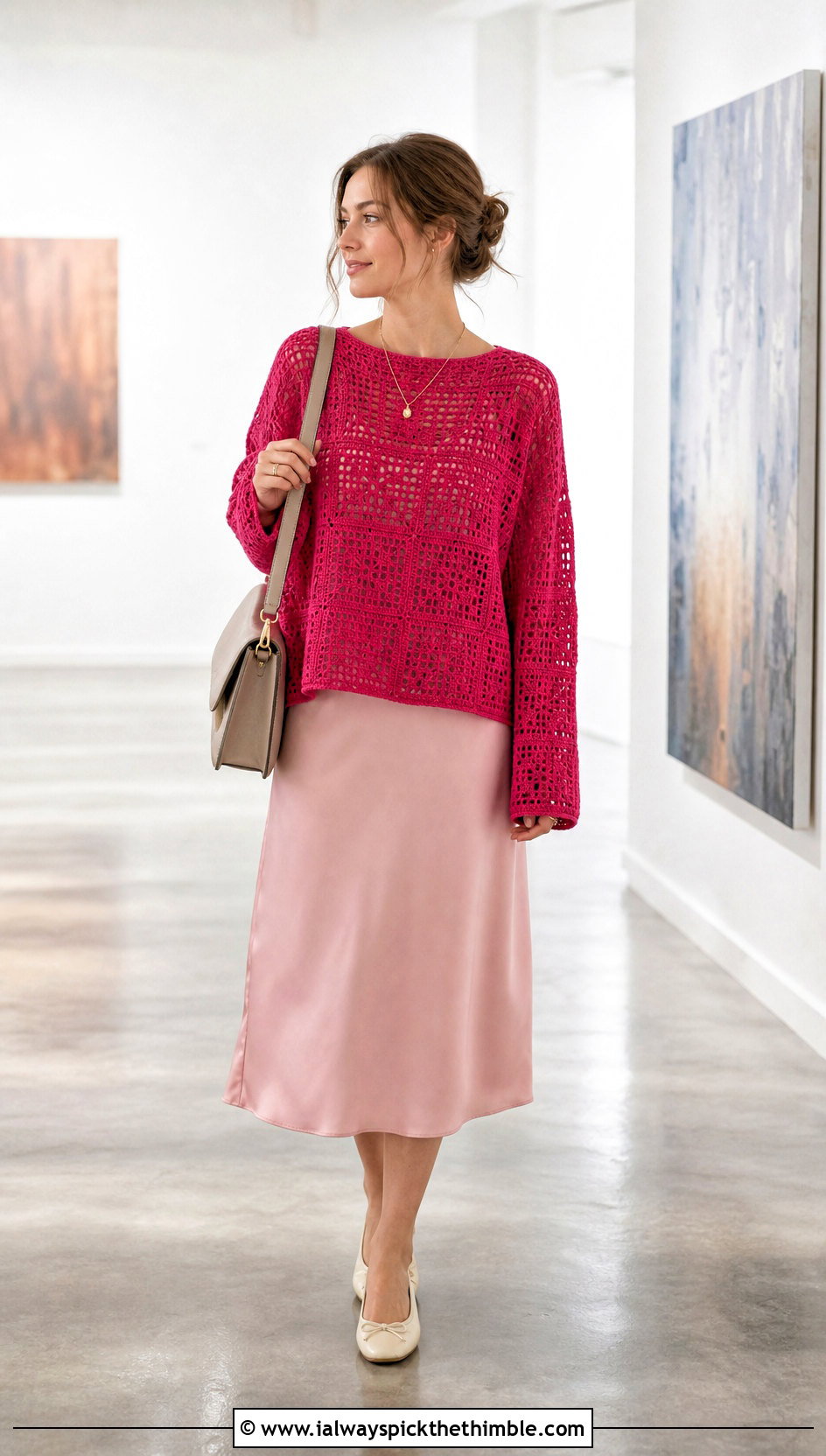 Filet Stitch Cropped Crochet Pullover With A Slip Dress - 15 Cropped Crochet Pullover outfit ideas