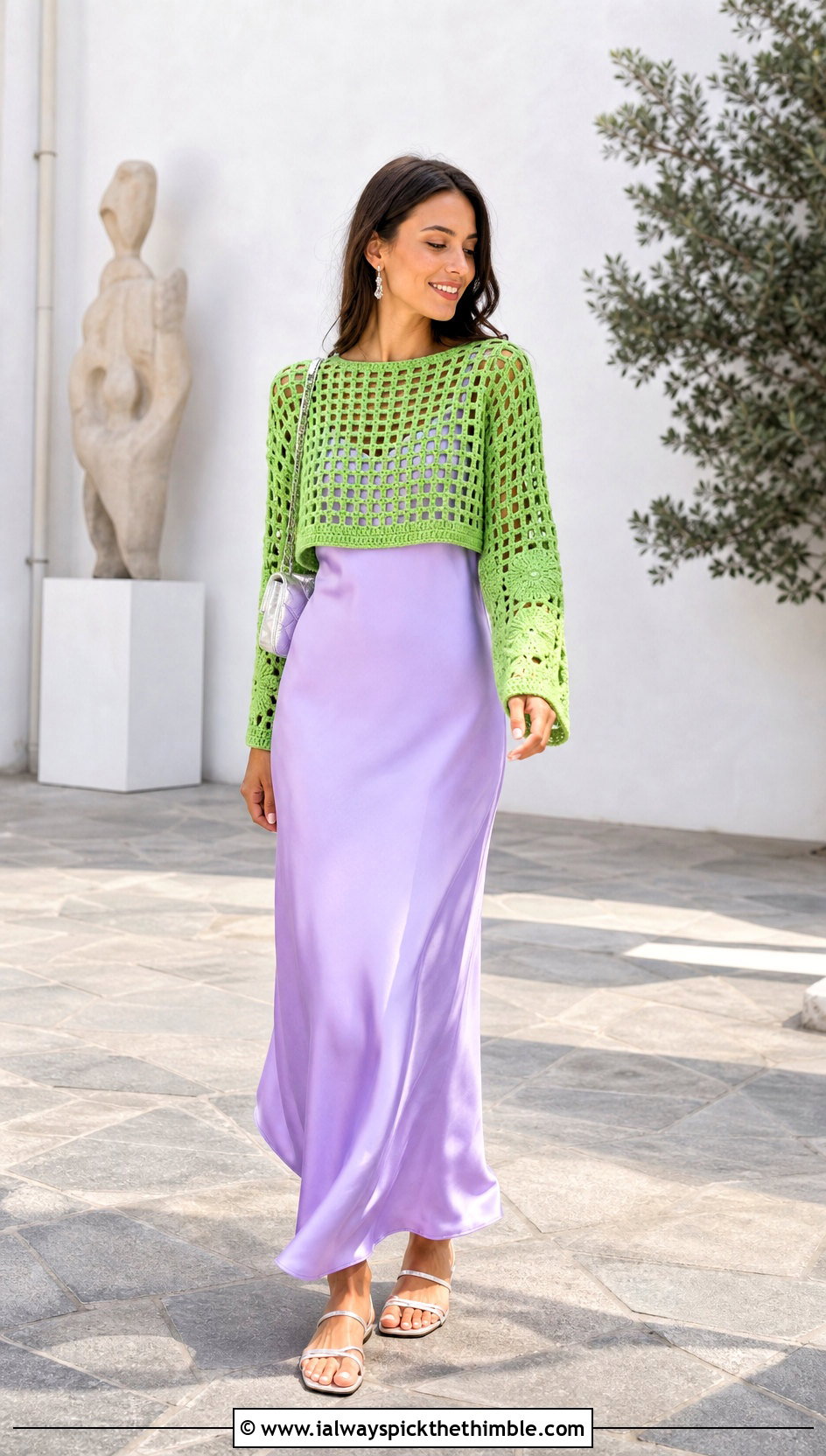 Filet Stitch Cropped Crochet Sweater With Slip Dress - 25 crop crochet sweater outfit ideas