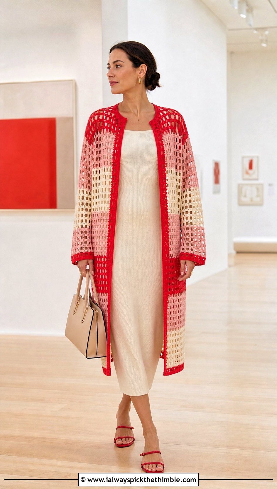 Filet Stripe Crochet Cardigan With Column Dress - 20 striped crochet cardigan outfit ideas