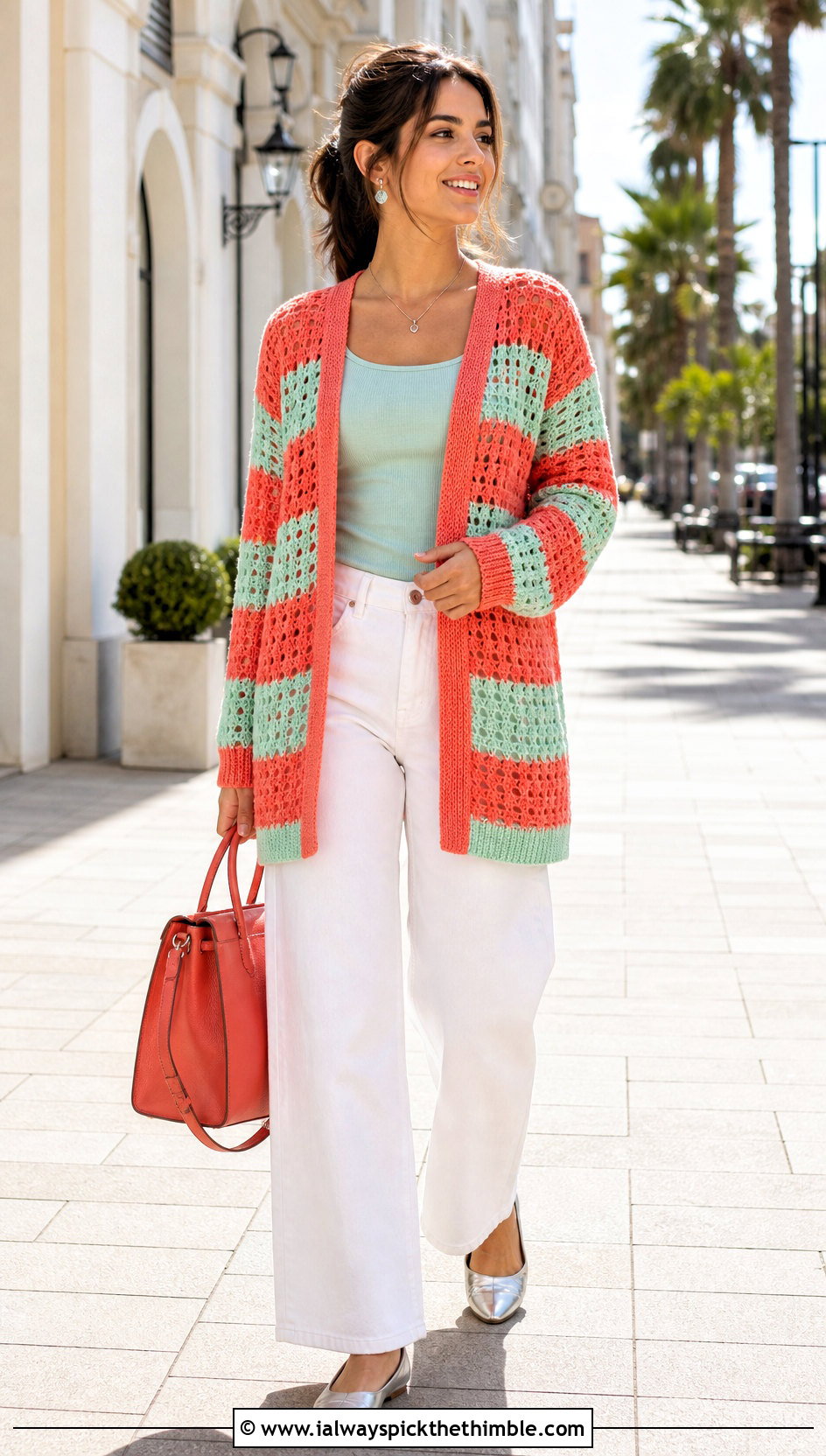 Filet Stripe Crochet Cardigan With White Jeans - 20 two color crochet cardigan outfit ideas