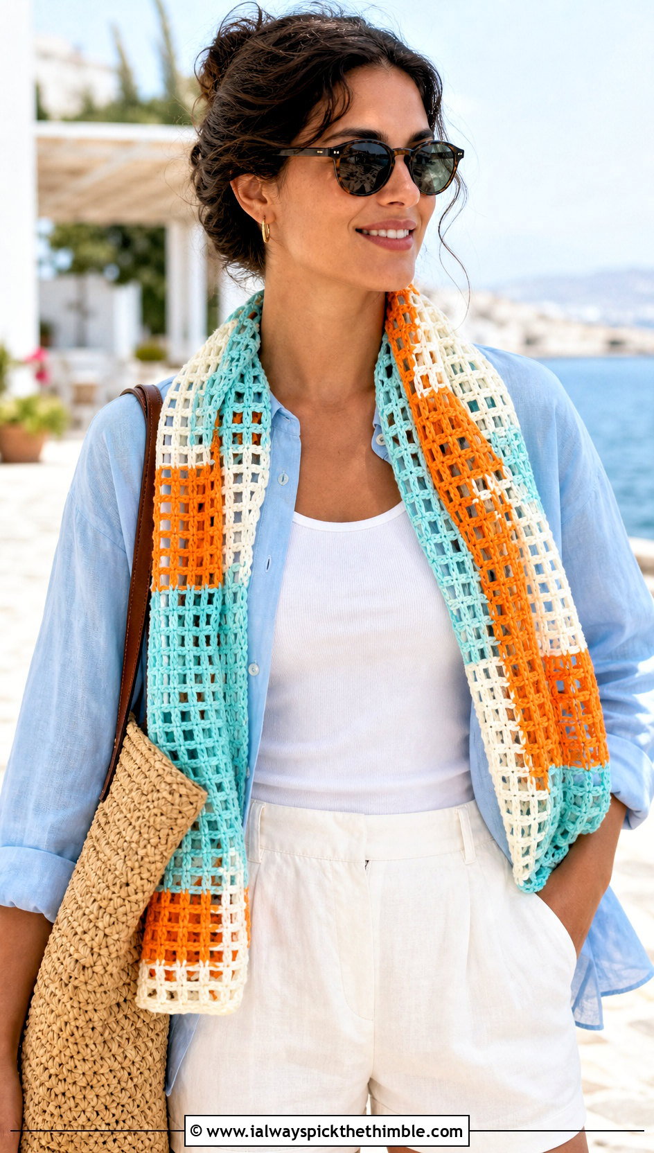 Filet Stripe Crochet Scarf With Linen Shorts - 20 Stripe Crochet Scarf outfit ideas