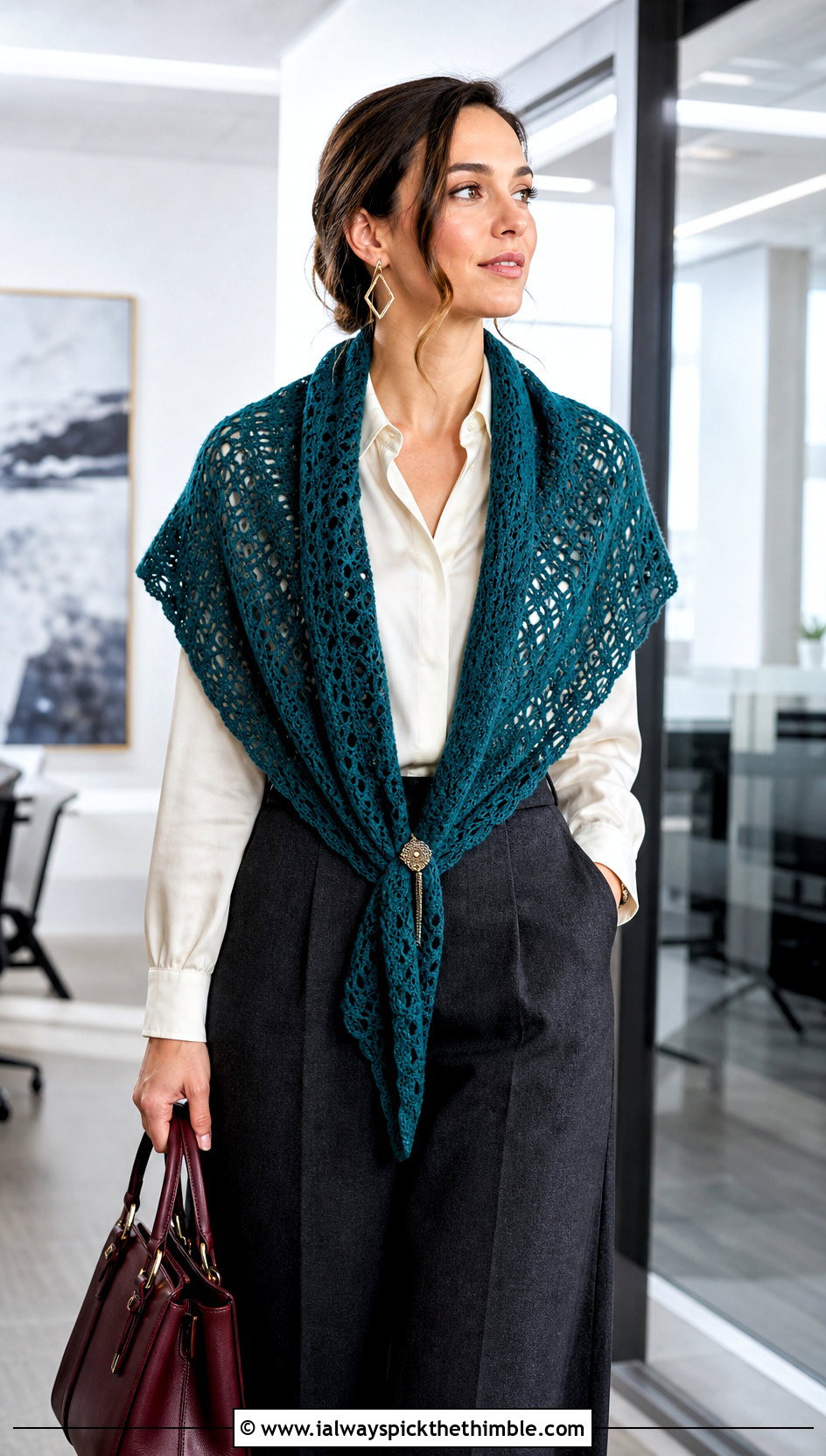 Filet Triangular Crochet Shawl With Wide Leg Trousers - 20 triangular crochet shawl outfit ideas