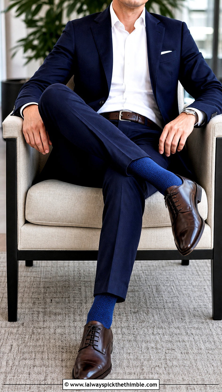 Fine Gauge Crochet Dress Socks With Navy Suit - 25 crochet socks for men outfit ideas