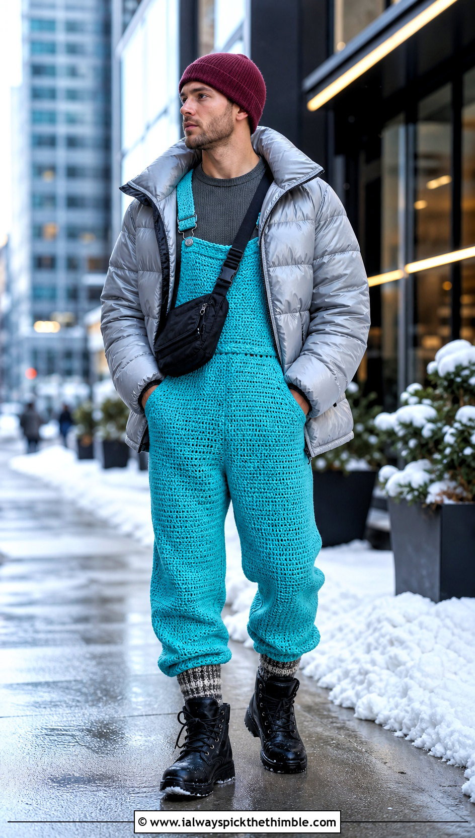 Fine Gauge Crochet Overalls With Puffer Jacket - 15 crochet overalls men outfit ideas