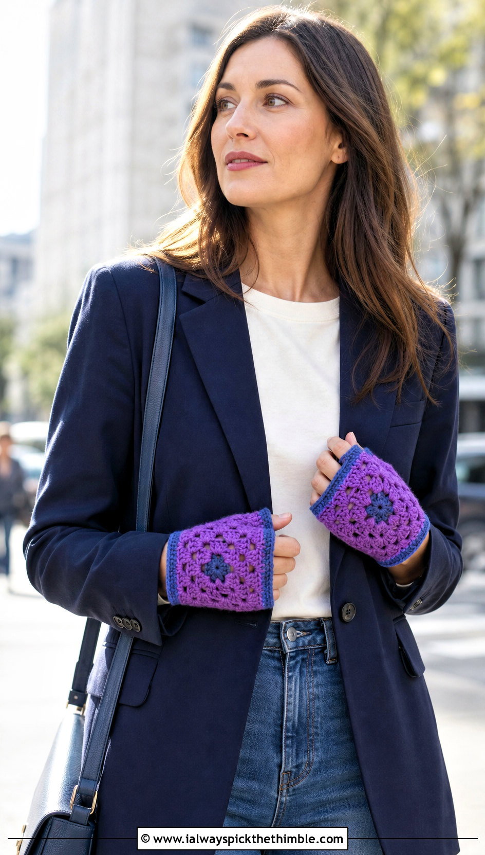 Fine Gauge Granny Square Fingerless Gloves With Blazer And Jeans - 25 granny square fingerless gloves outfit ideas