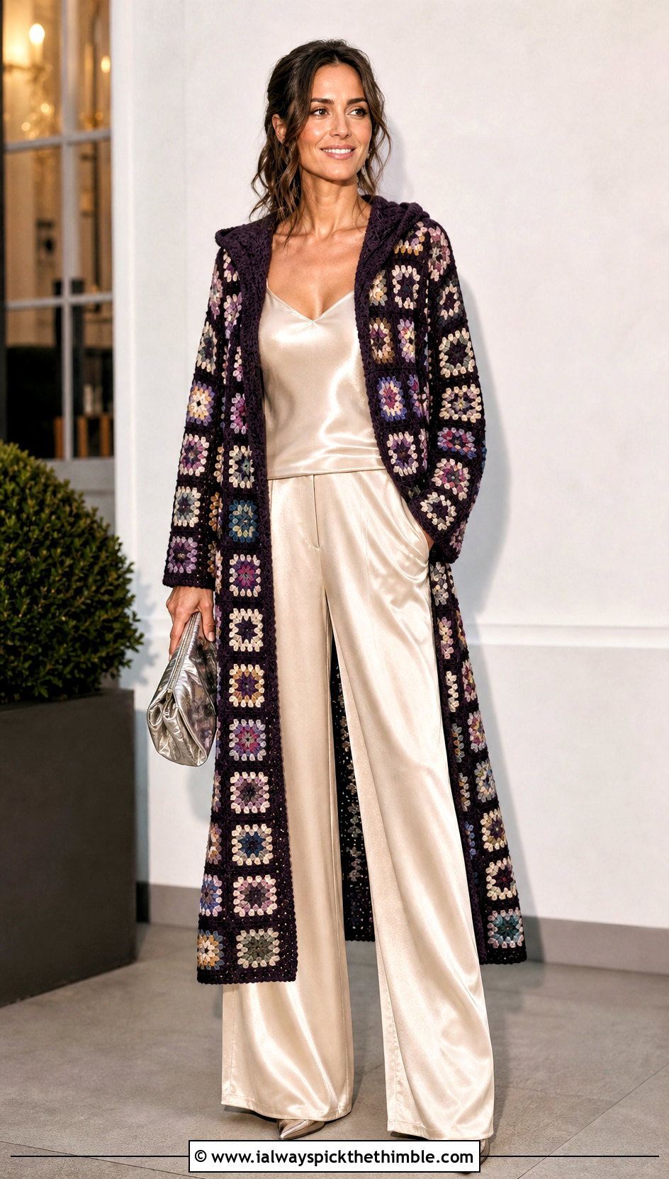 Fine Gauge Granny Square Hooded Cardigan With Satin Trousers - 20 Granny Square Hooded Cardigan outfit ideas